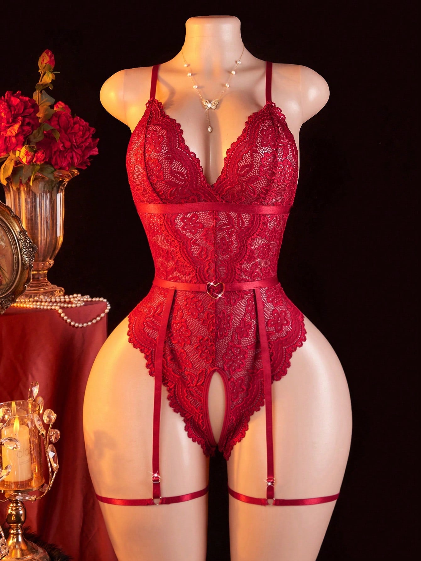 Floral Lace Hollow-Out Teddy Bodystocking With Garter Belt And Metal Heart Detail, Lightweight Fabric Construction, Coordinated Set Design, Suitable For General Wear And Styling