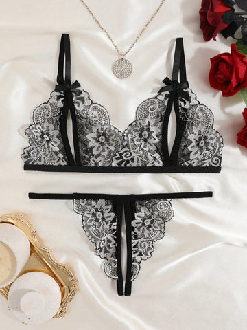 Women’s Floral Pattern Outfit Set With Bow Accent