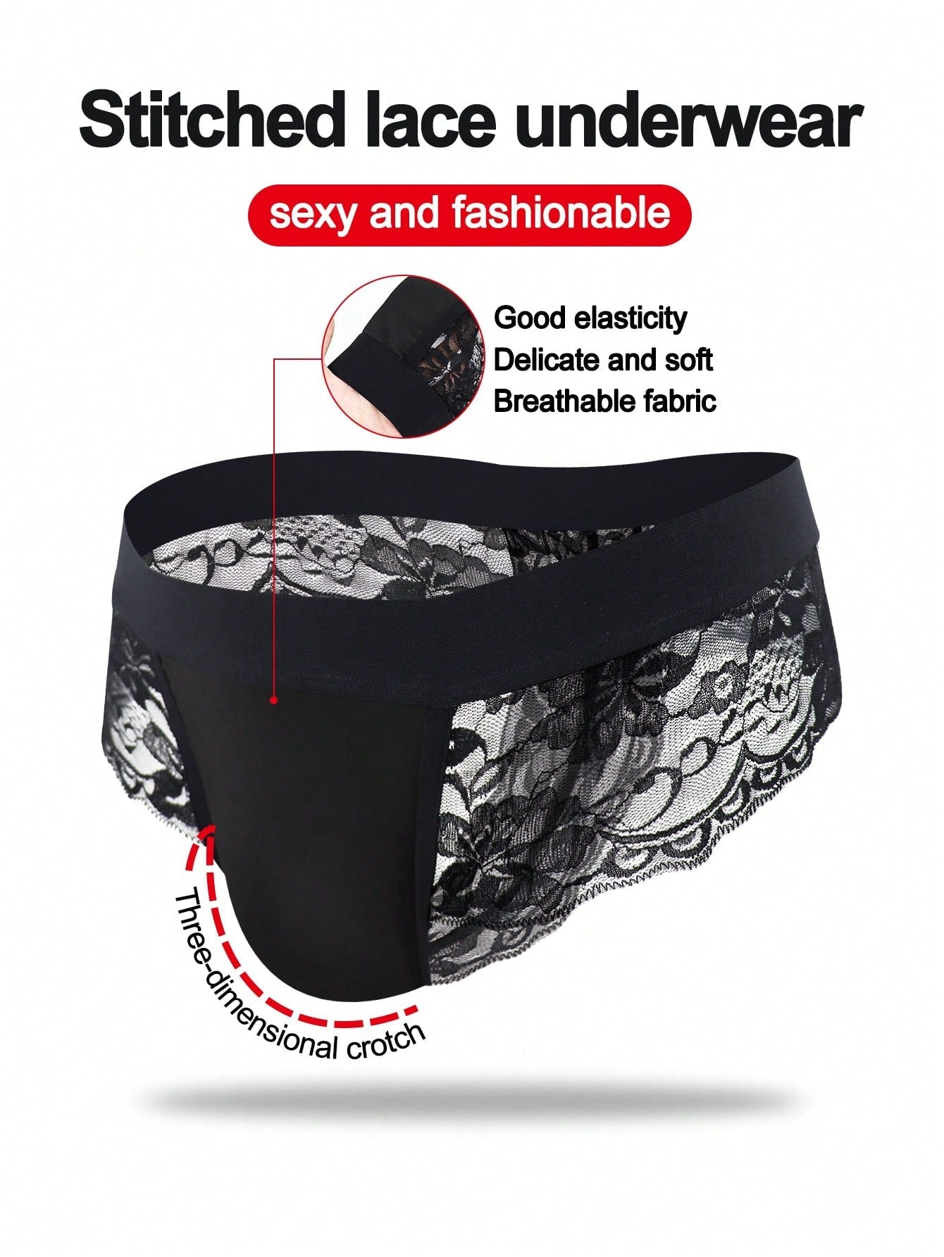 Men’s Casual Black Shorts With Wave Lace Detail