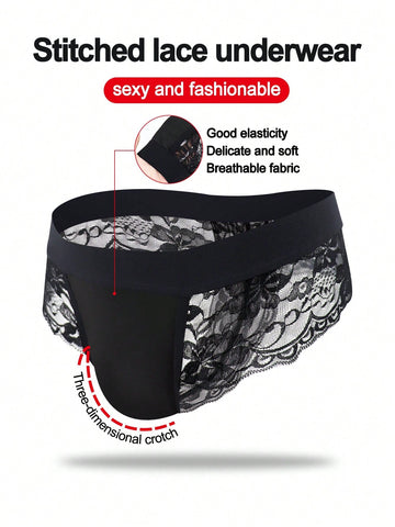 Men’s Casual Black Shorts With Wave Lace Detail