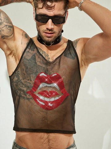 Rhinestone Lip Mesh Sheer Camisole