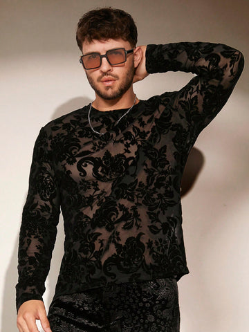 Men's Floral Print Sheer Mesh Long Sleeve T-Shirt