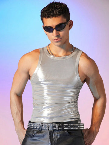 Unisex Street Style Silver Silk Fitted Sleeveless Crop Top