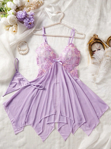 Unlock The Mysterious Light Purple Embroidered Sheer Nightgown, Gently Wrapping The Charming Figure, Sexy Asymmetric/Asymmetrical Sheer Thong, Going Out