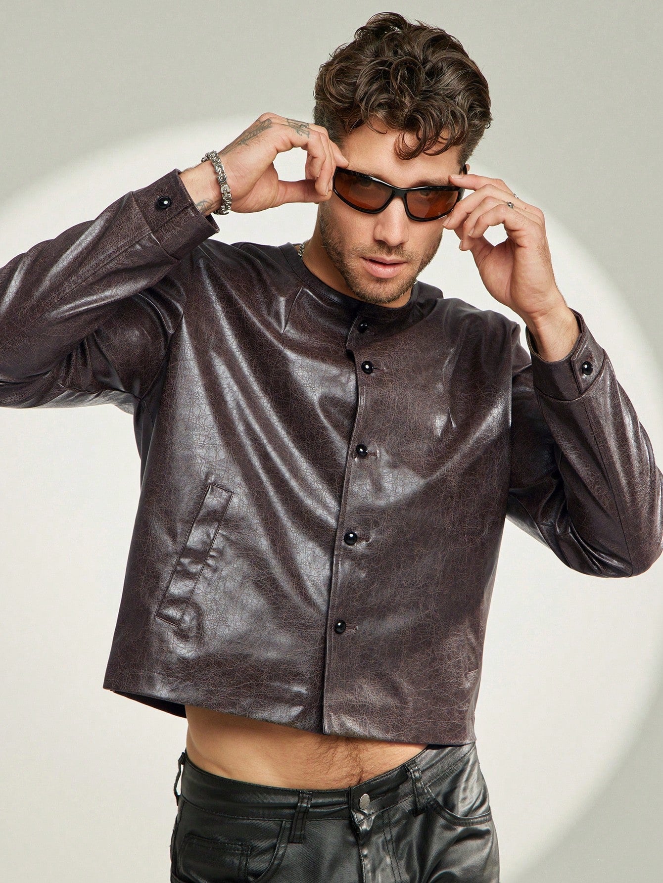 Men's Versatile PU Leather Slant Pocket Button Front Jacket