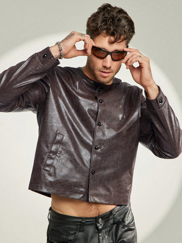 Men's Versatile PU Leather Slant Pocket Button Front Jacket