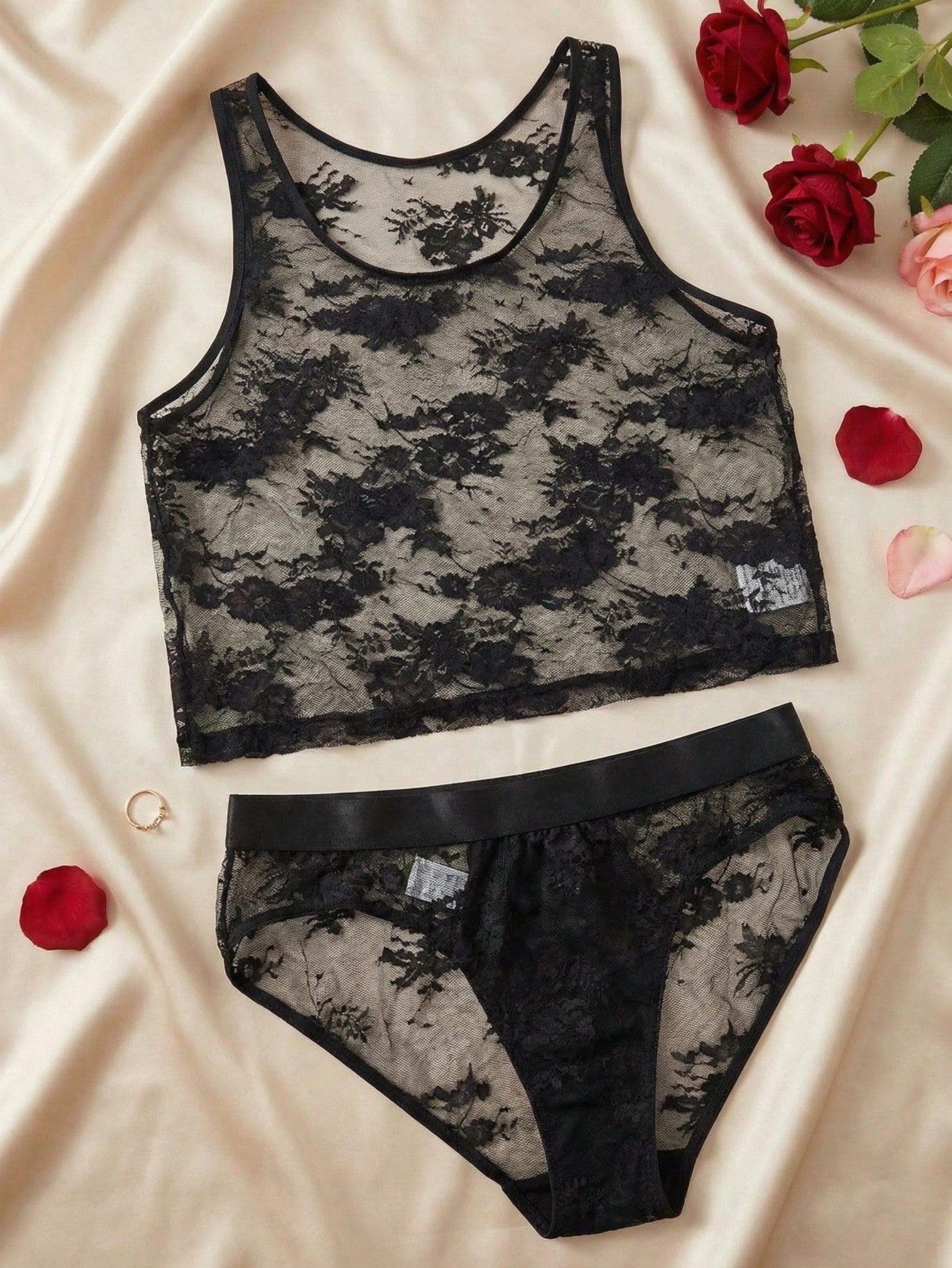 Men’s Black Lace Patchwork Outfit Set 2 Pieces