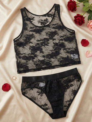 Men’s Black Lace Patchwork Outfit Set 2 Pieces