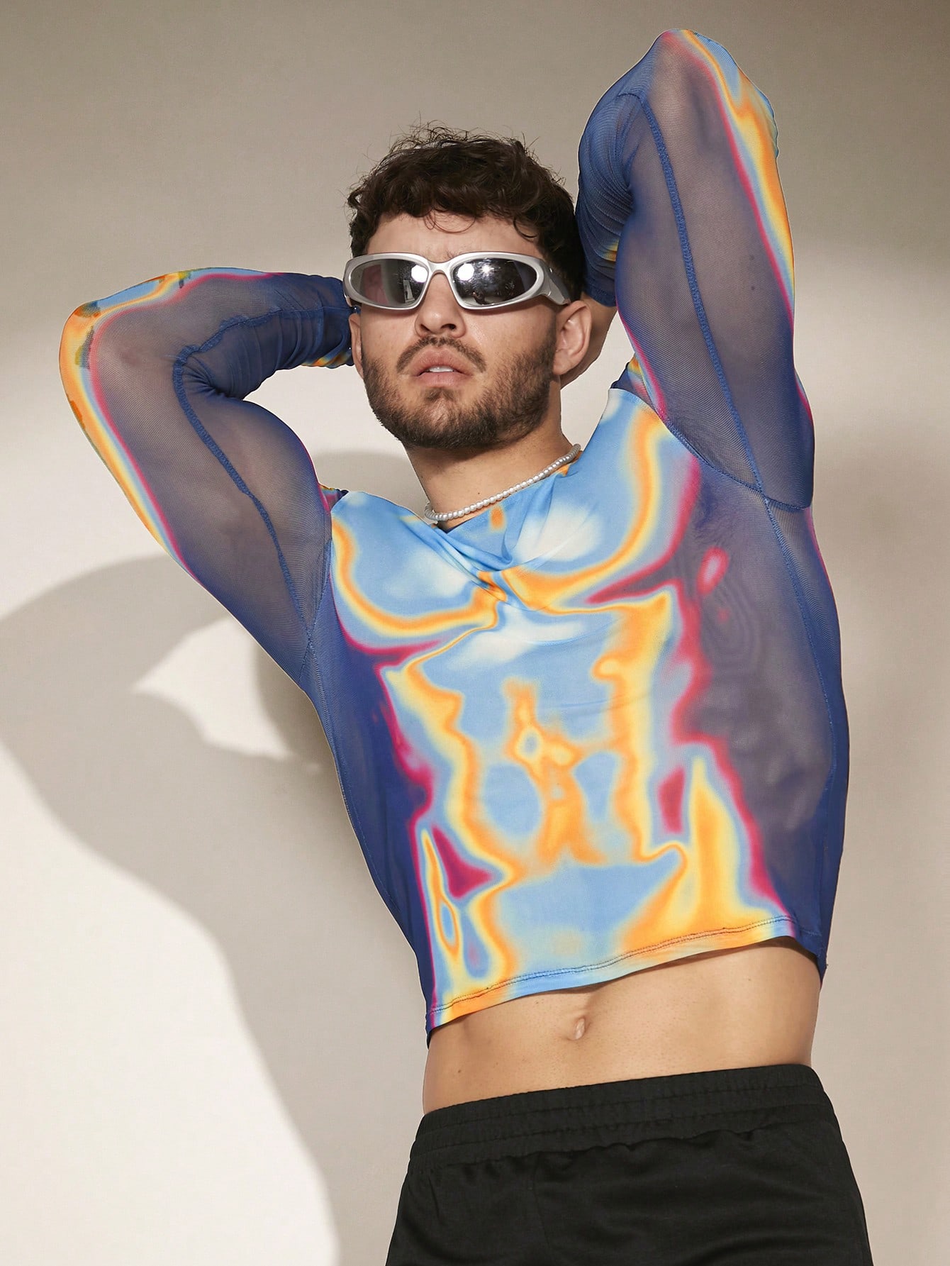 Men Body Heat Map Graphic Print Sheer Mesh Long Sleeve Tee