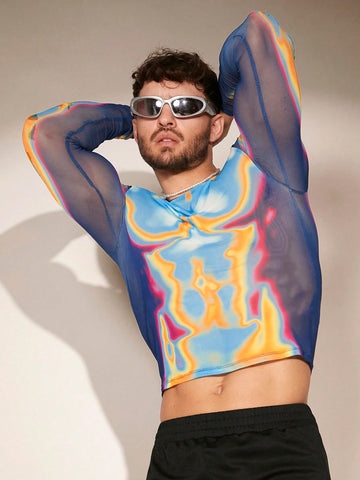 Men Body Heat Map Graphic Print Sheer Mesh Long Sleeve Tee