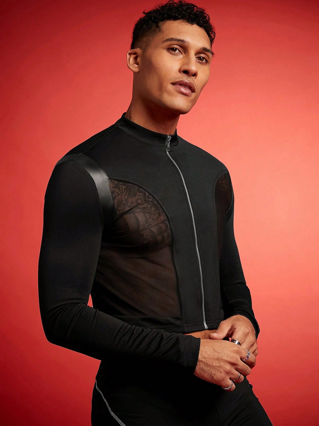 Men's Mesh Panel Zip Front Stand Collar Long Sleeve Fitted Fashion Jacket