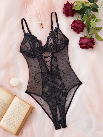 Contrast Lace Sexy Mesh Women's Bodysuit Lingerie, 1pc For Going Out