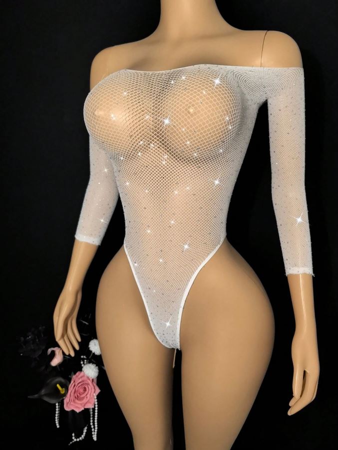 Sparkling Rhinestone Long Sleeve One Piece Lingerie Bodysuit