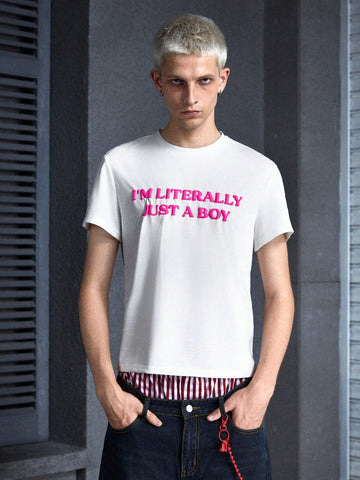 Men's Y2K Festival Ghost White Knitted Rose Red Letter Foaming Printing Loose Drop Shoulder Small Round Neck Young Casual Short Sleeve T-Shirt