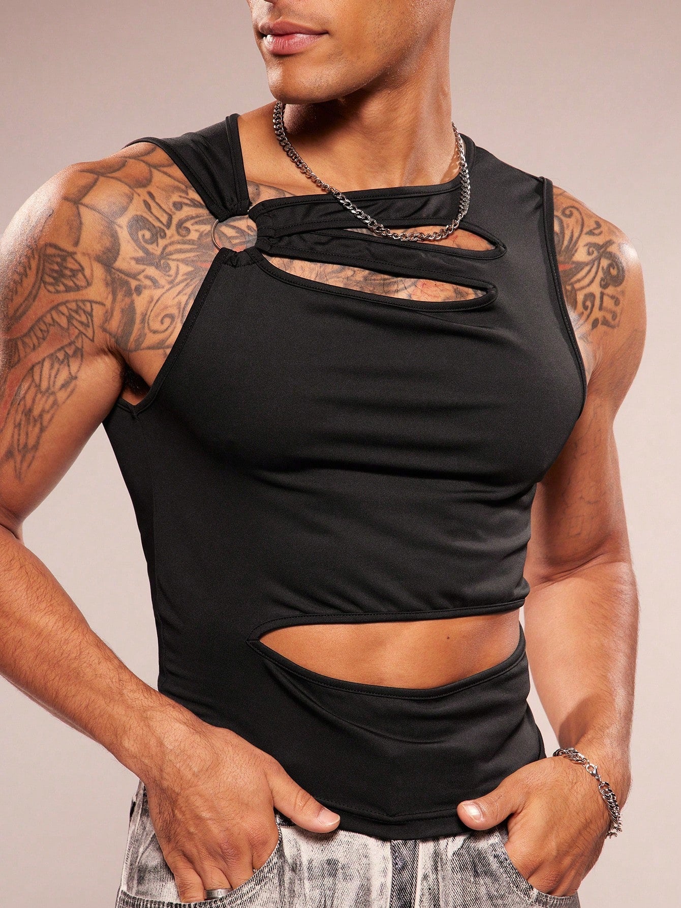 Men's Sleeveless Crew Neck Hollow-Out Knit Top