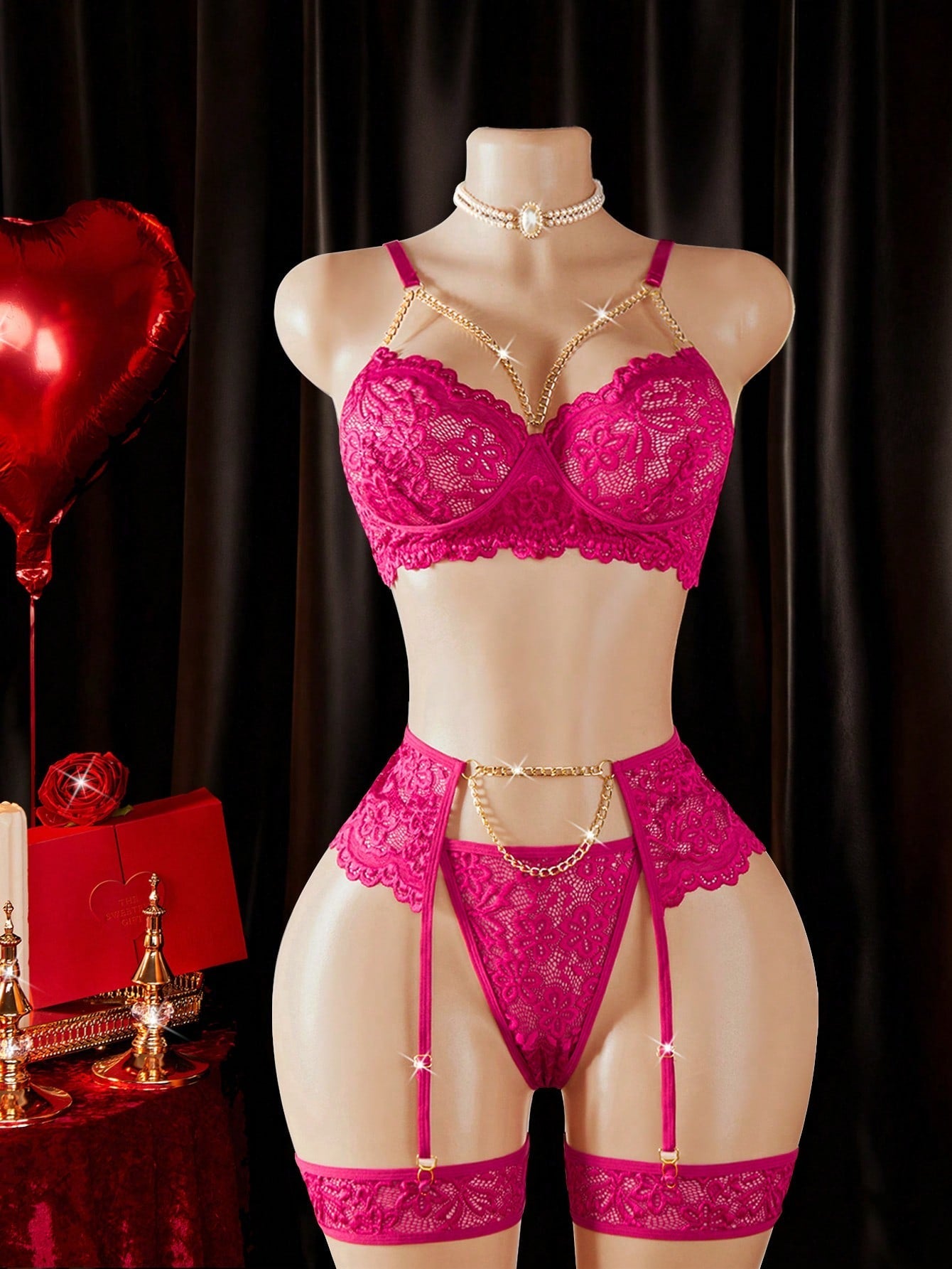 4-Piece Floral Lace and Chain Sexy Lingerie Set with Bra Panty Garter Belt and Stockings