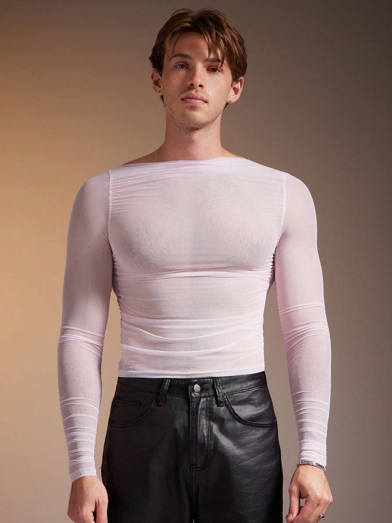 Men's Asymmetric Collar Sheer Long Sleeve Slim Fit T-Shirt