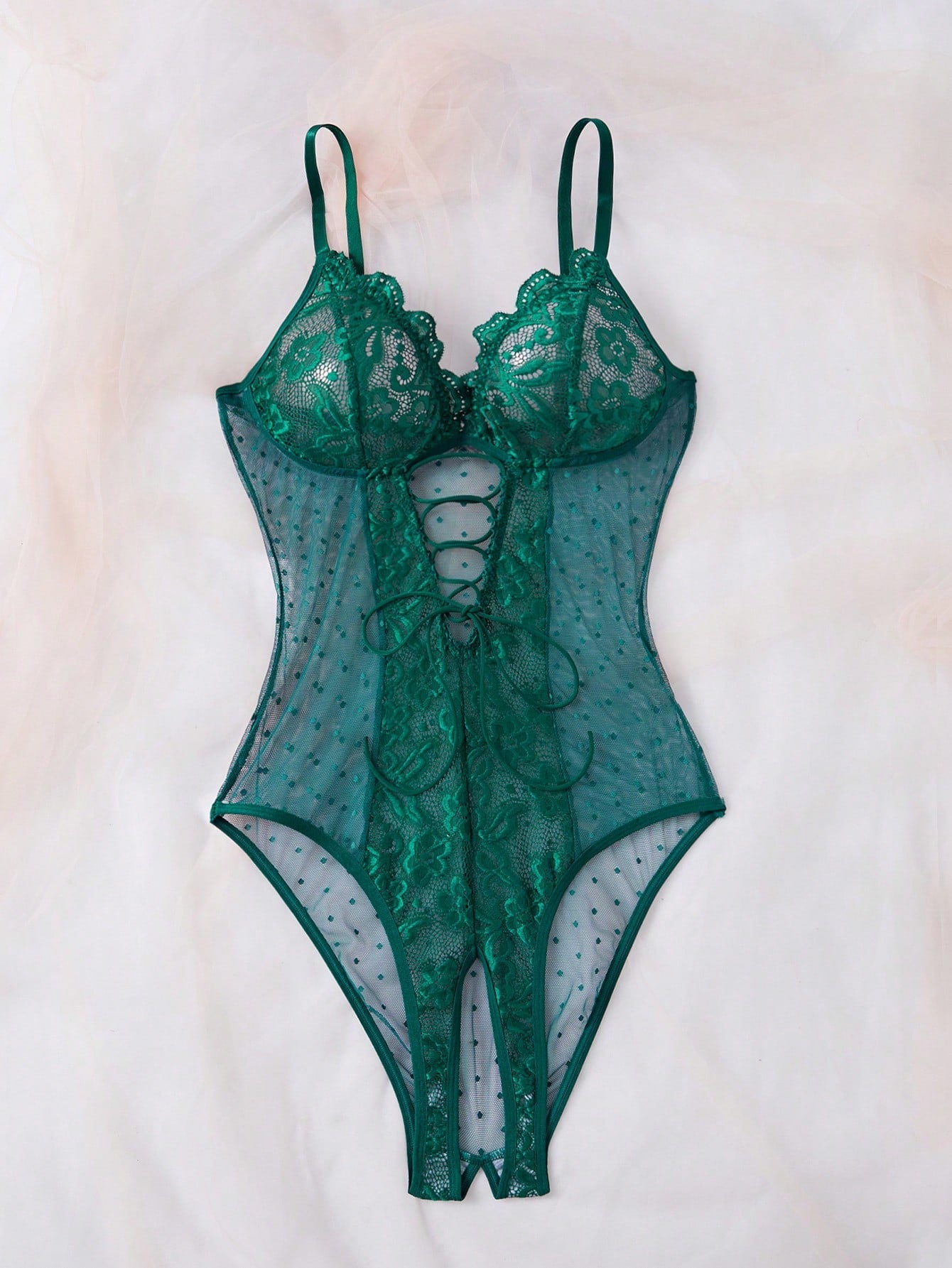 Women Contrast Lace And Mesh Bodysuit With One-Piece Construction, Layered Fabric Design, Lightweight And Flexible Fit, Clean Silhouette, Suitable For General Wear And Outfit Styling