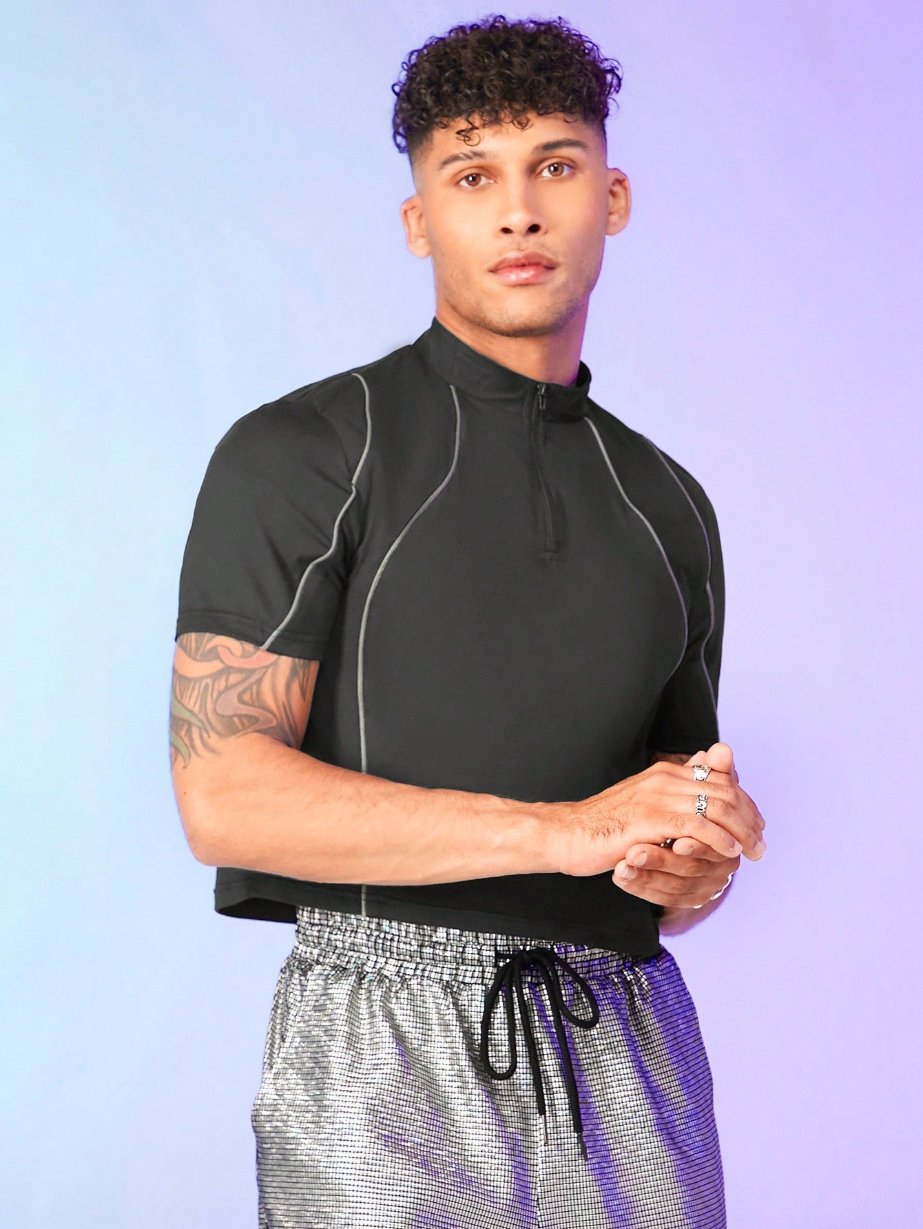 Men's Contrast Piping Zip Front Polo Shirt