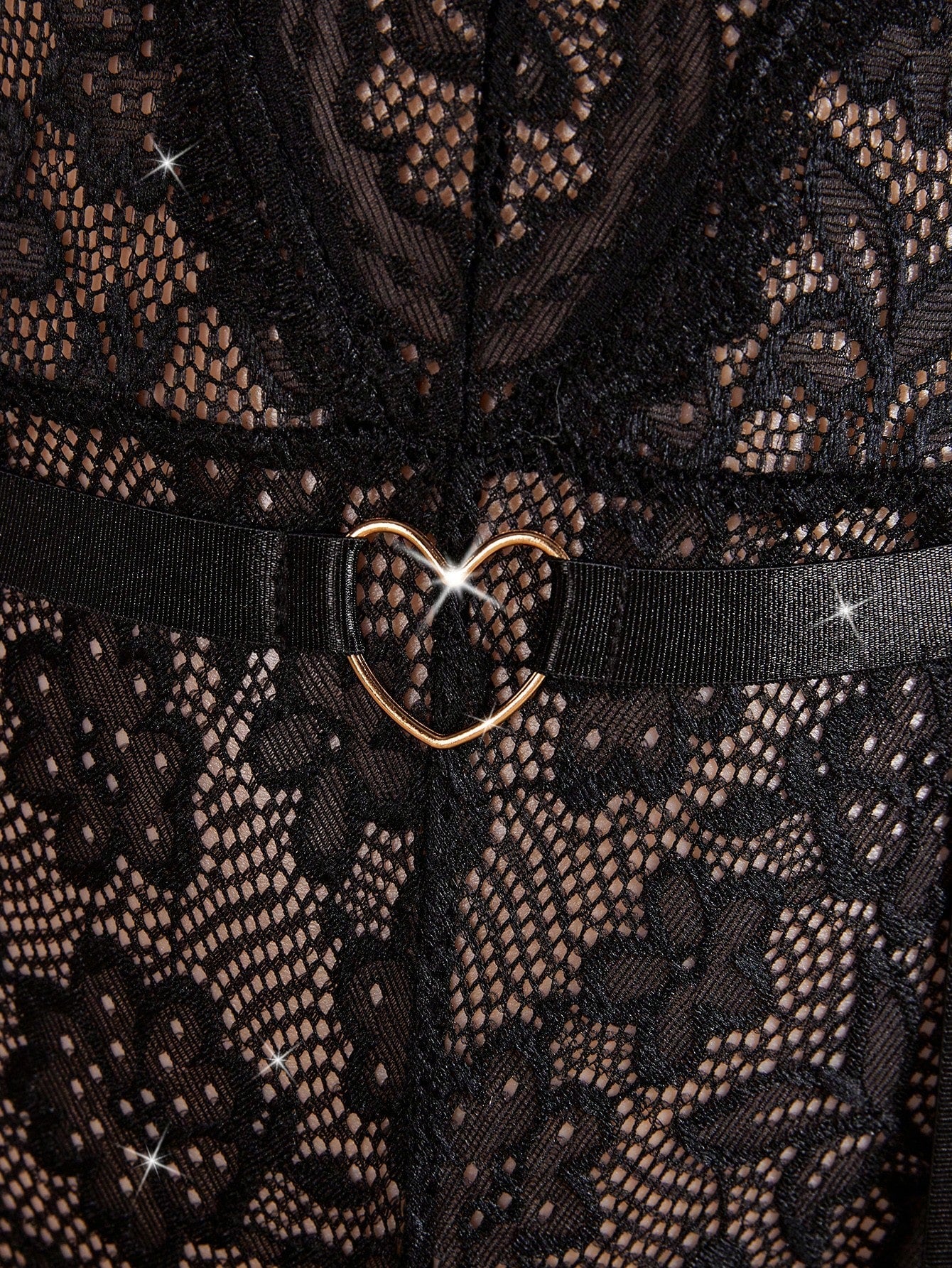 Floral Lace Hollow-Out Teddy Bodystocking With Garter Belt And Metal Heart Detail, Lightweight Fabric Construction, Coordinated Set Design, Suitable For General Wear And Styling