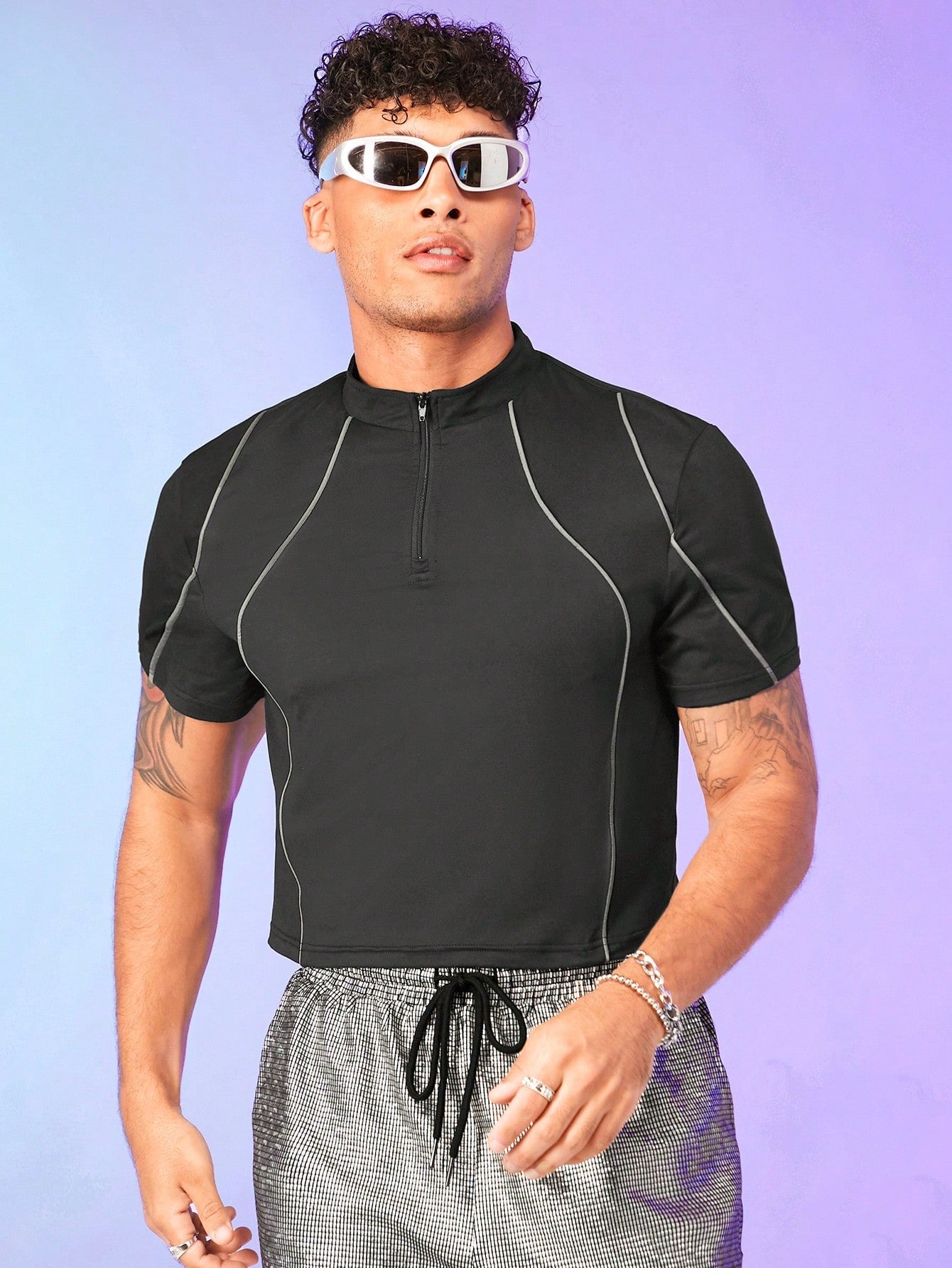 Men's Contrast Piping Zip Front Polo Shirt