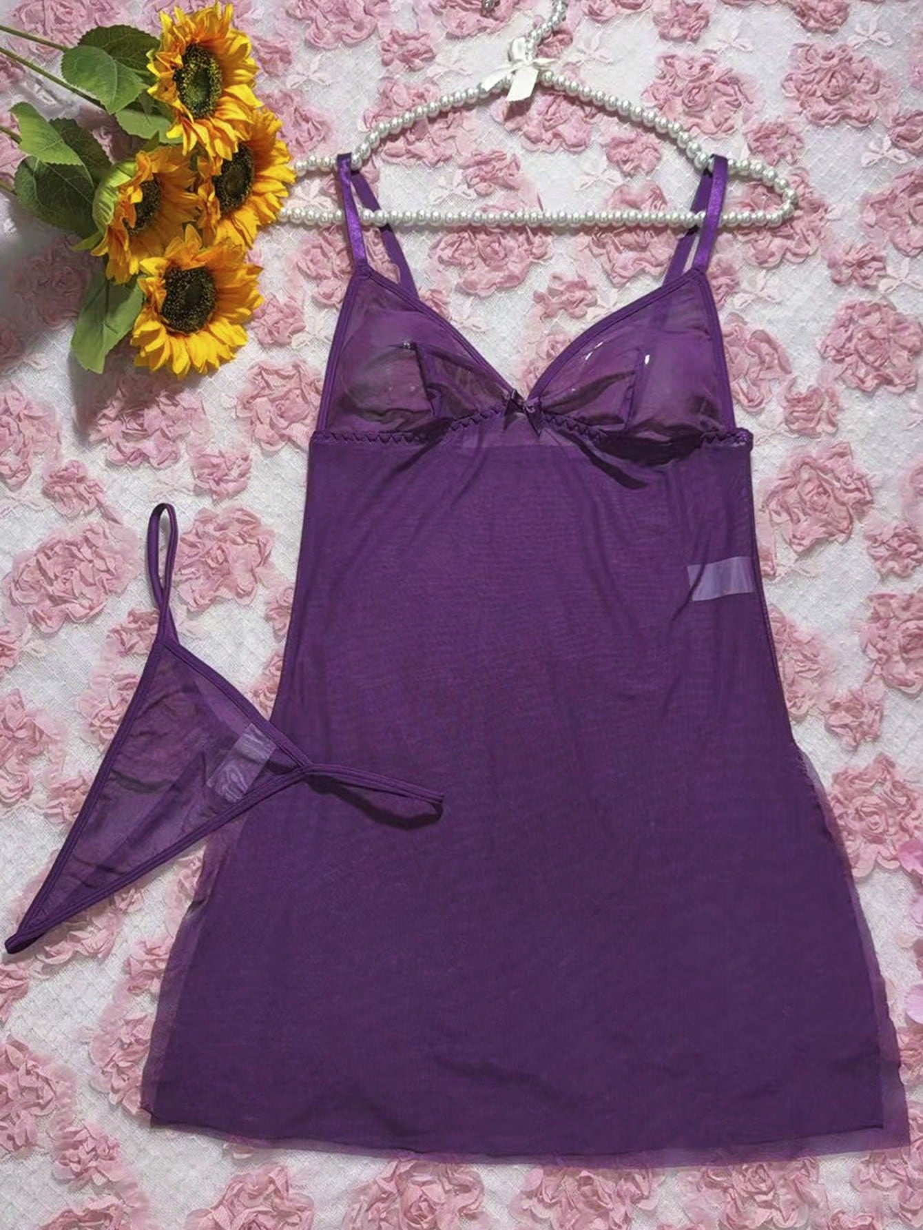 2pcs/Set Women's Wireless Sexy Mesh Lingerie, Including Camisole Dress For Going Out