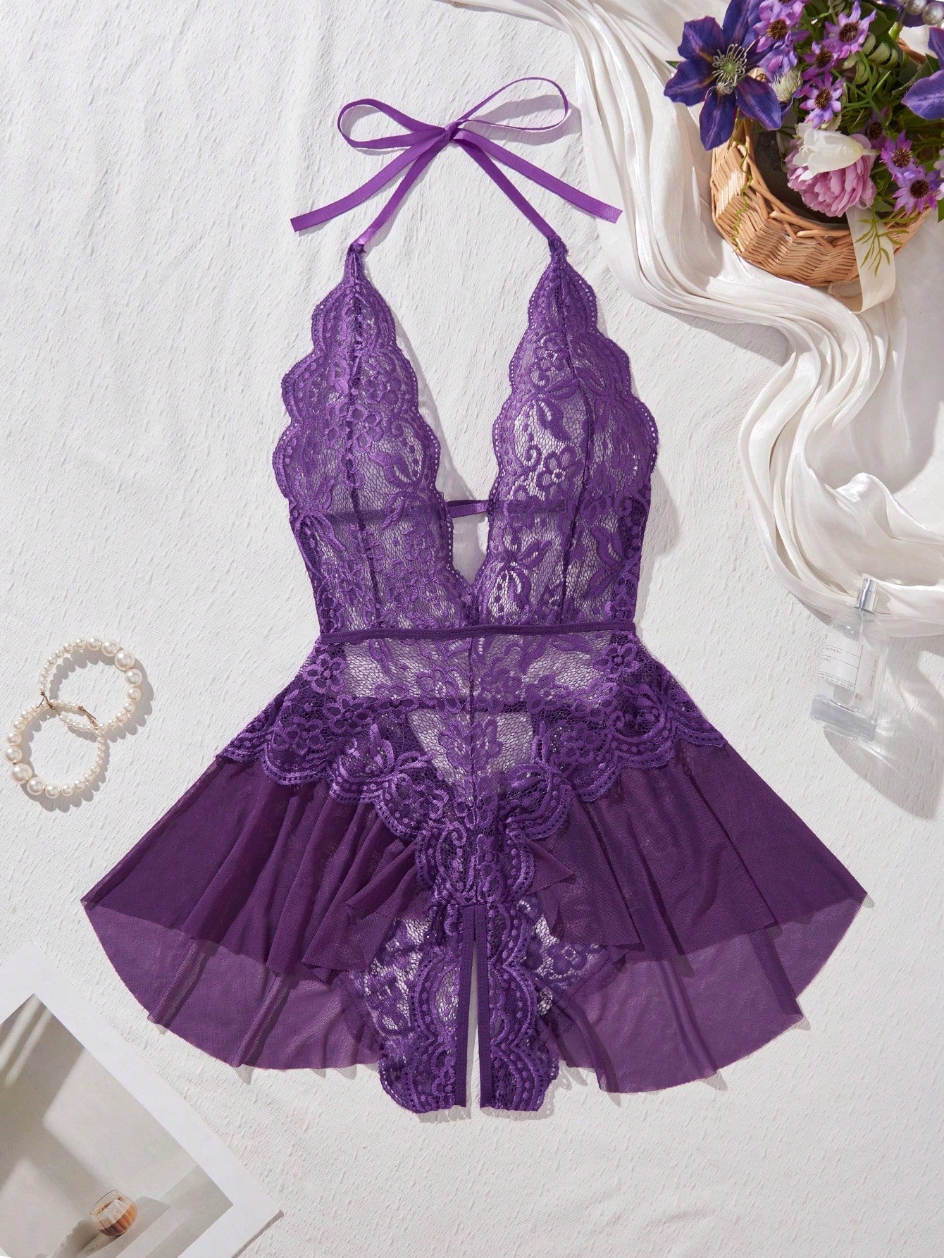 Women's Open Crotch Lace Decorated Backless Halter Neck Sexy Bodysuit With Ruffle Trim, Rave, Baddie Look