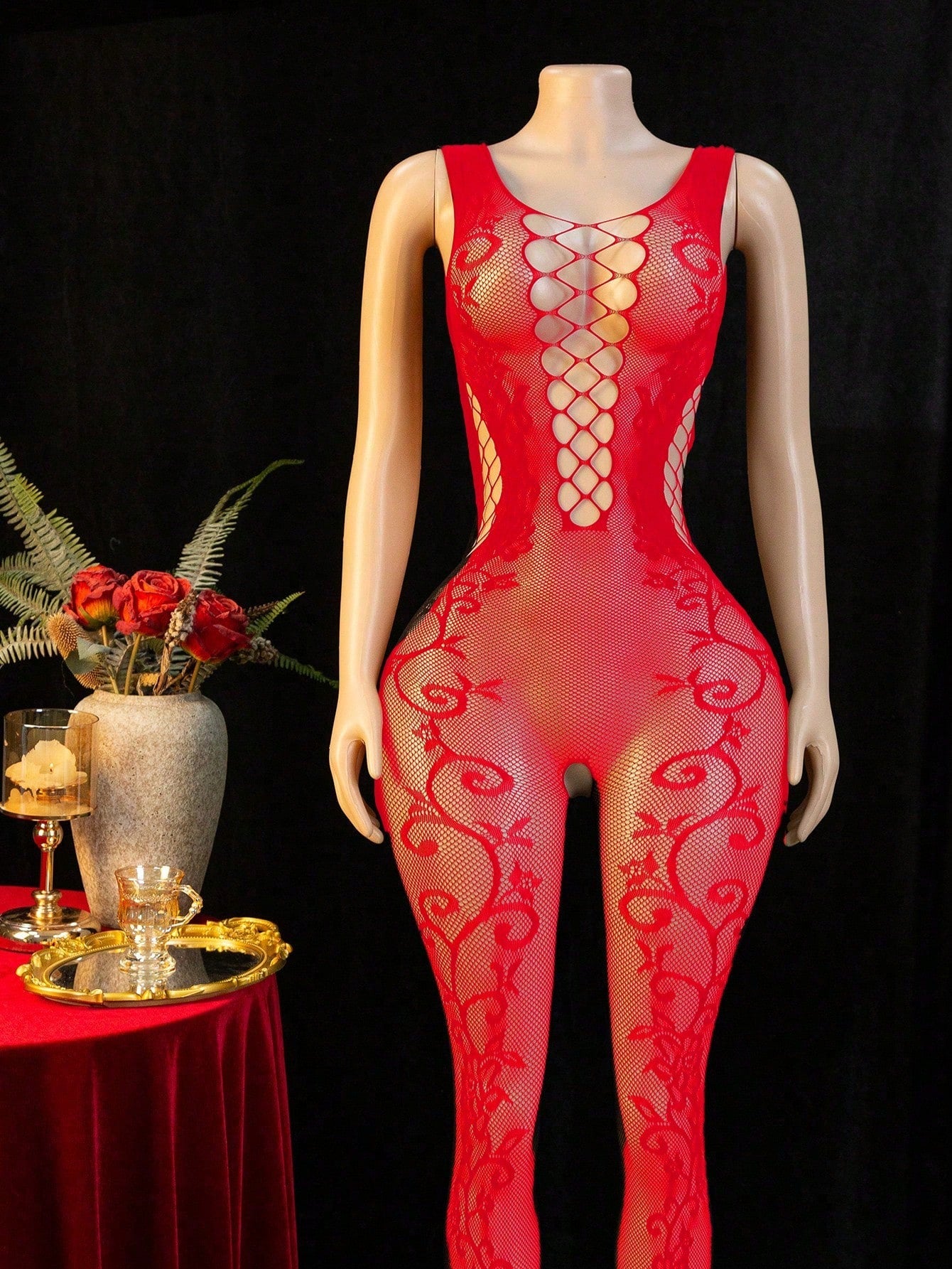 Embroidered Hollow Sheer Sleeveless Sexy Bodystocking