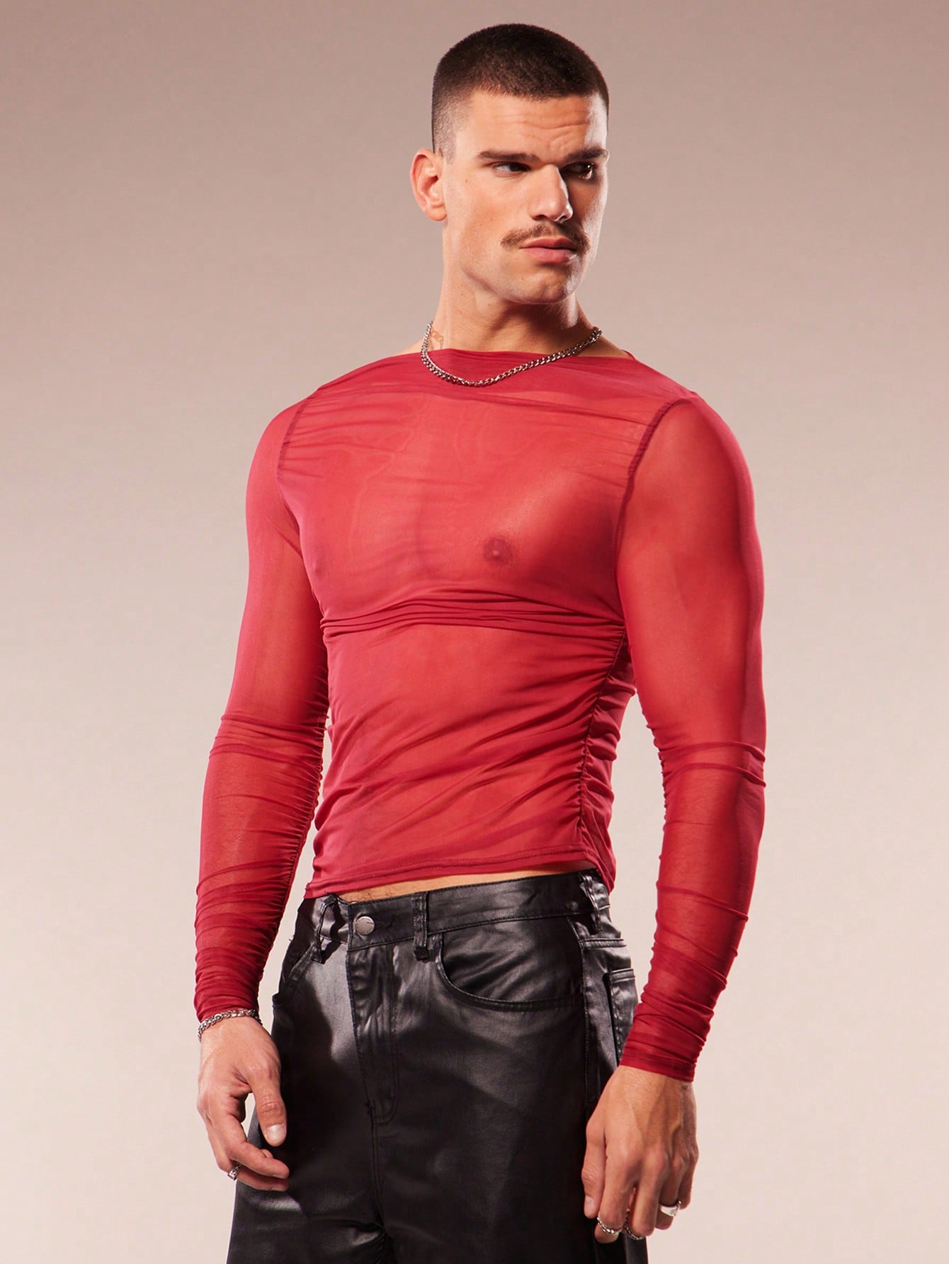 Men's Asymmetric Collar Sheer Long Sleeve Slim Fit T-Shirt