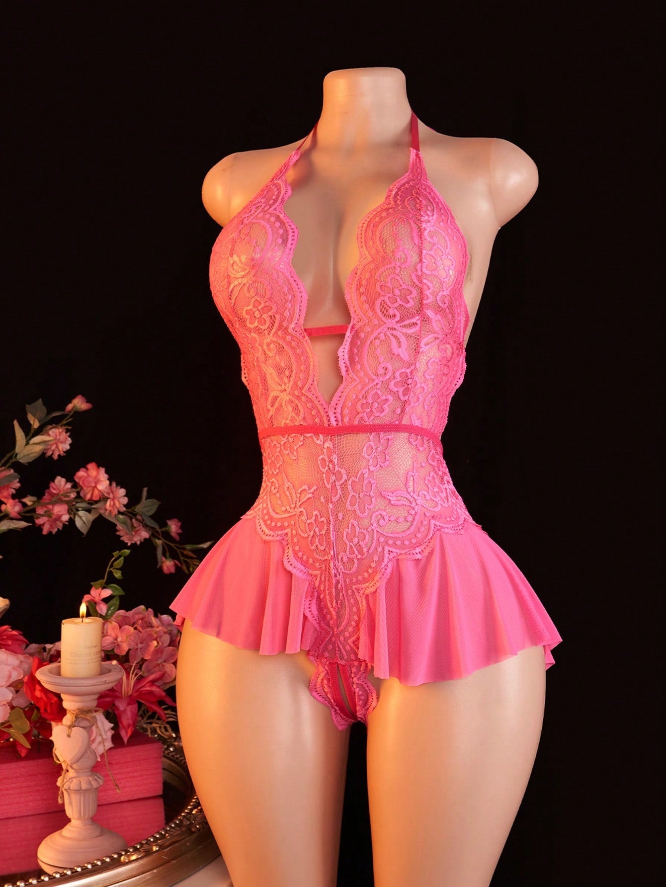 Women's Open Crotch Lace Decorated Backless Halter Neck Sexy Bodysuit With Ruffle Trim, Rave, Baddie Look