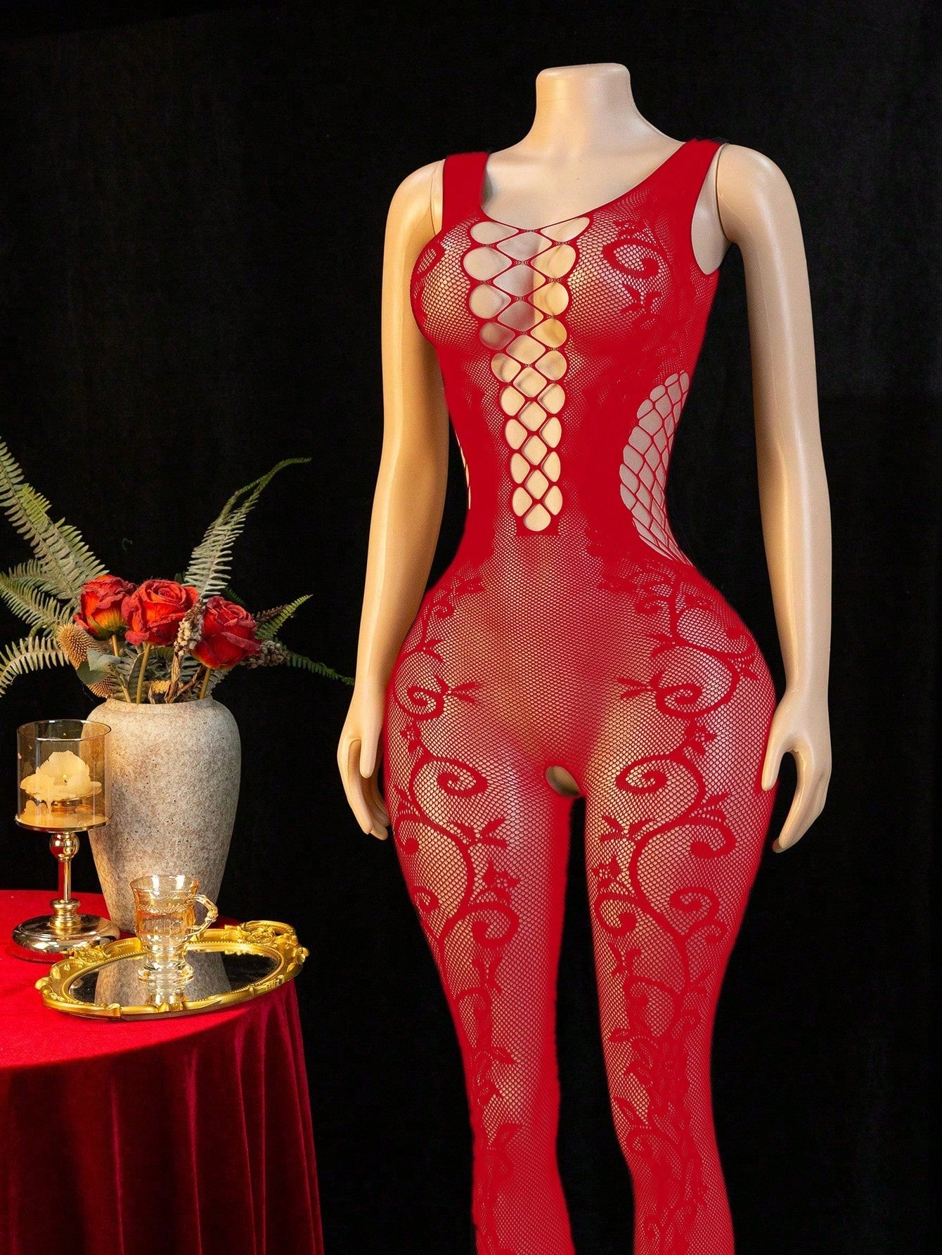 Embroidered Hollow Sheer Sleeveless Sexy Bodystocking
