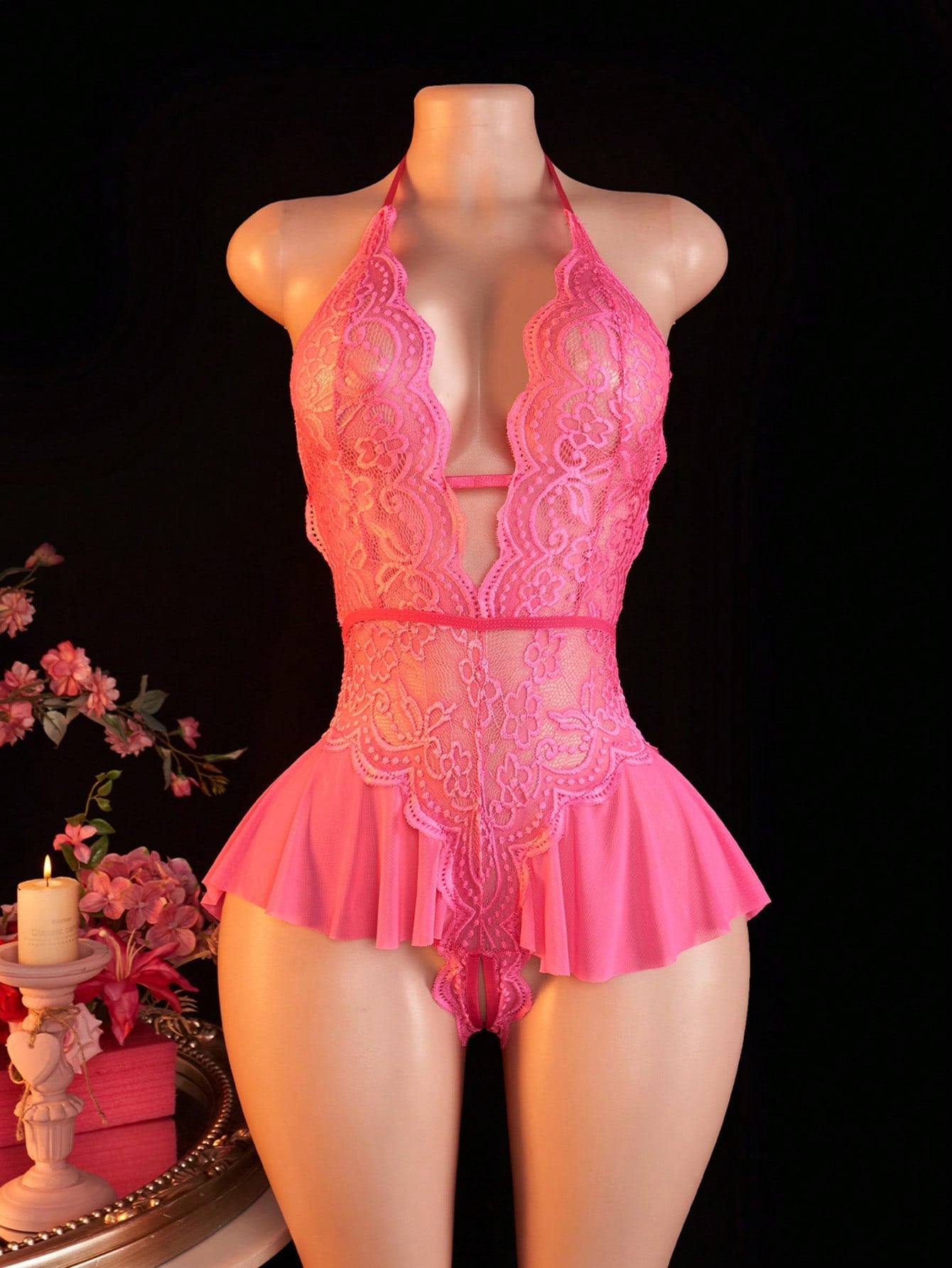 Women's Open Crotch Lace Decorated Backless Halter Neck Sexy Bodysuit With Ruffle Trim, Rave, Baddie Look