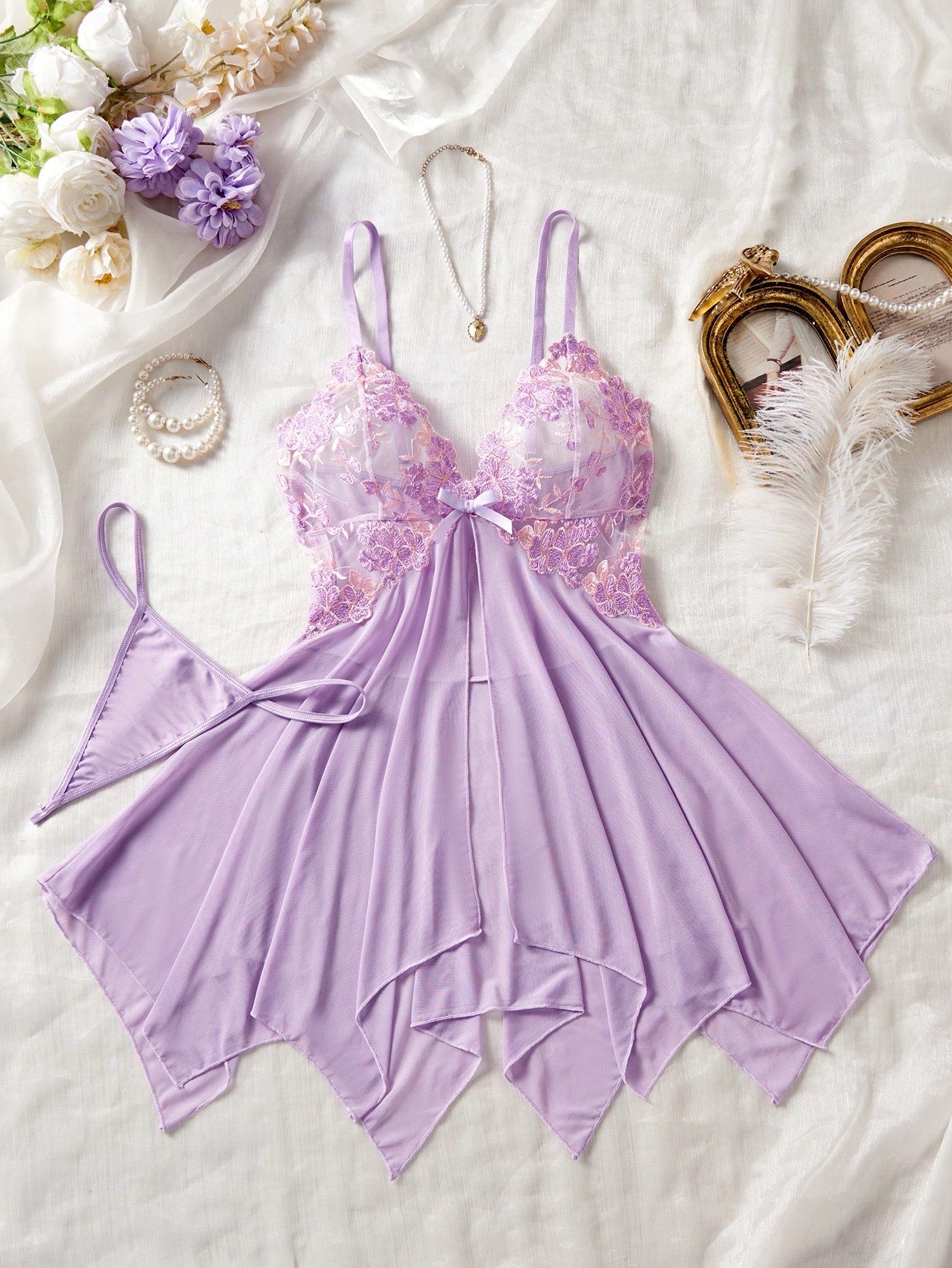 Unlock The Mysterious Light Purple Embroidered Sheer Nightgown, Gently Wrapping The Charming Figure, Sexy Asymmetric/Asymmetrical Sheer Thong, Going Out