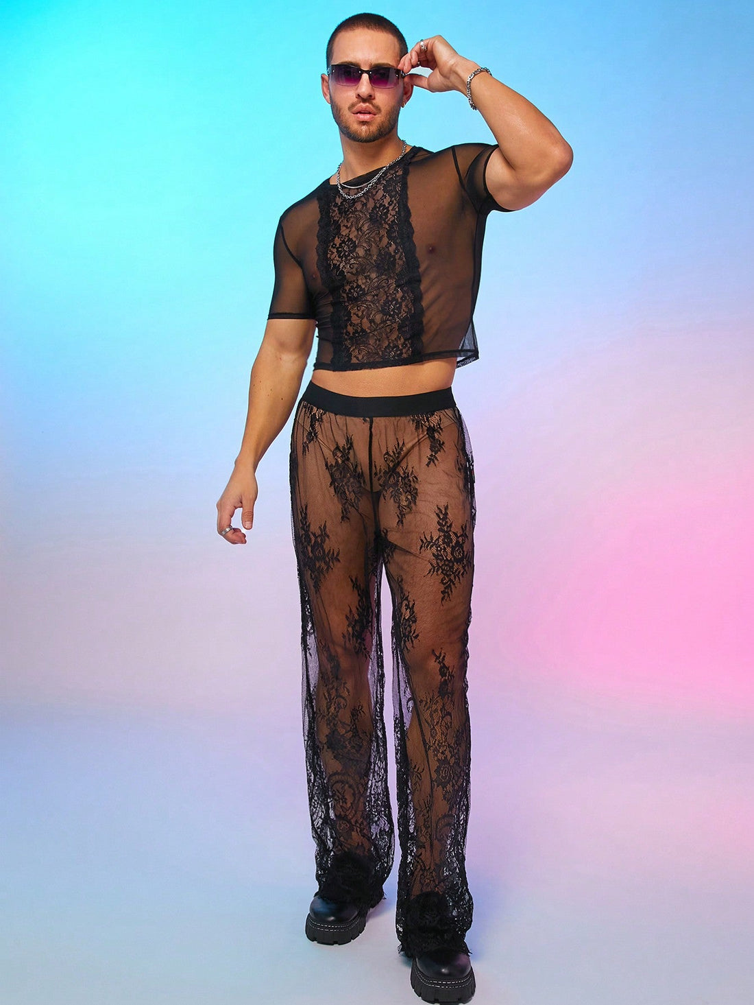 Men's Mesh & Lace Patchwork Round Neck T-Shirt