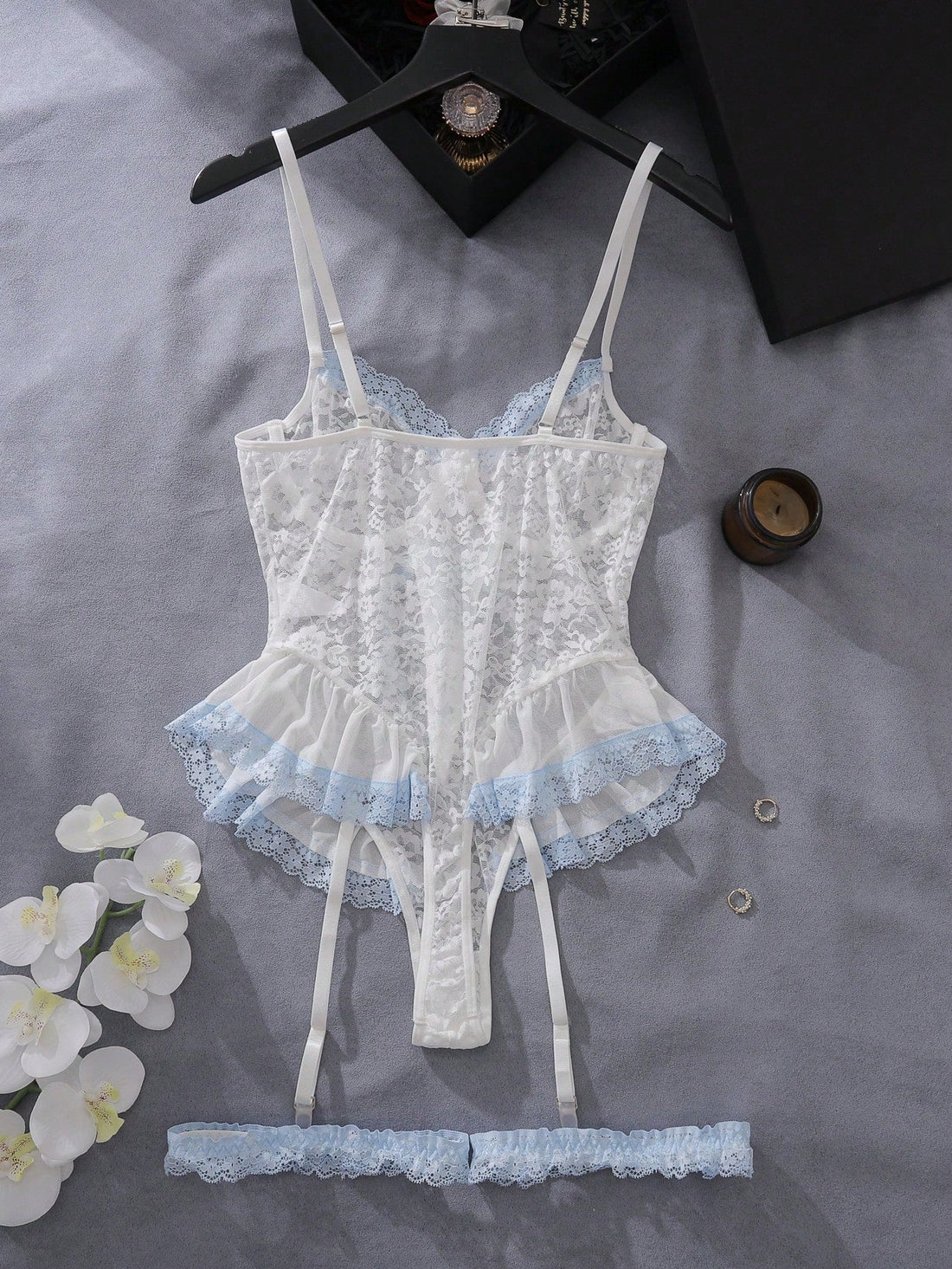 Ladies Romantic Lace Ruffle Trimmed Bodysuit Lingerie Set, 3pcs For Going Out