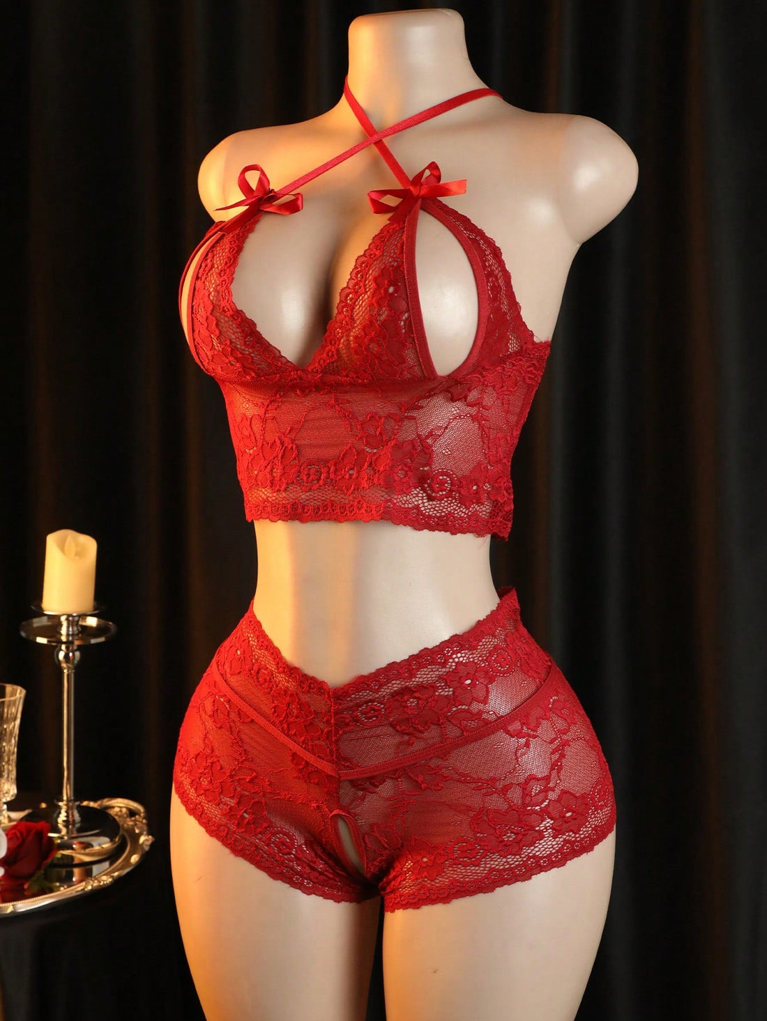 2pcs Women Coordinated Set With Cross Strap Design, Lace Trim Detail And Decorative Bow Accent, Lightweight Fabric Construction, Two-Piece Structure, Suitable For General Wear And Styling