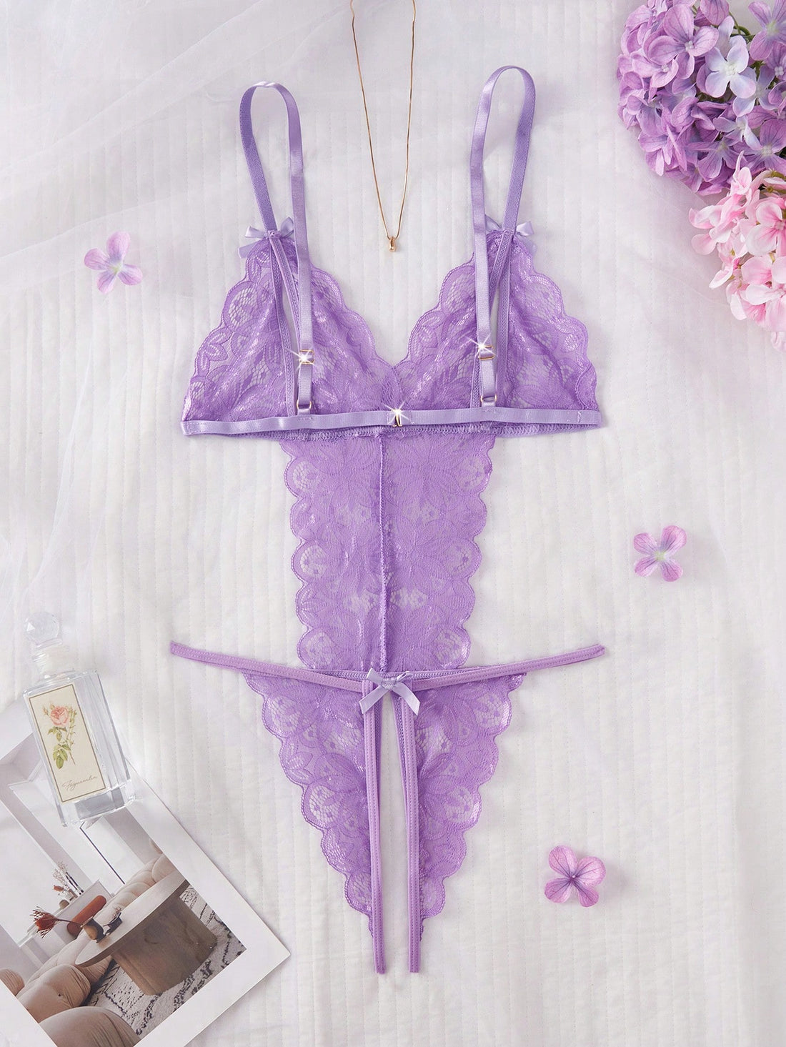 Women’s Purple Embroidered Outfit Set With Bow Detail