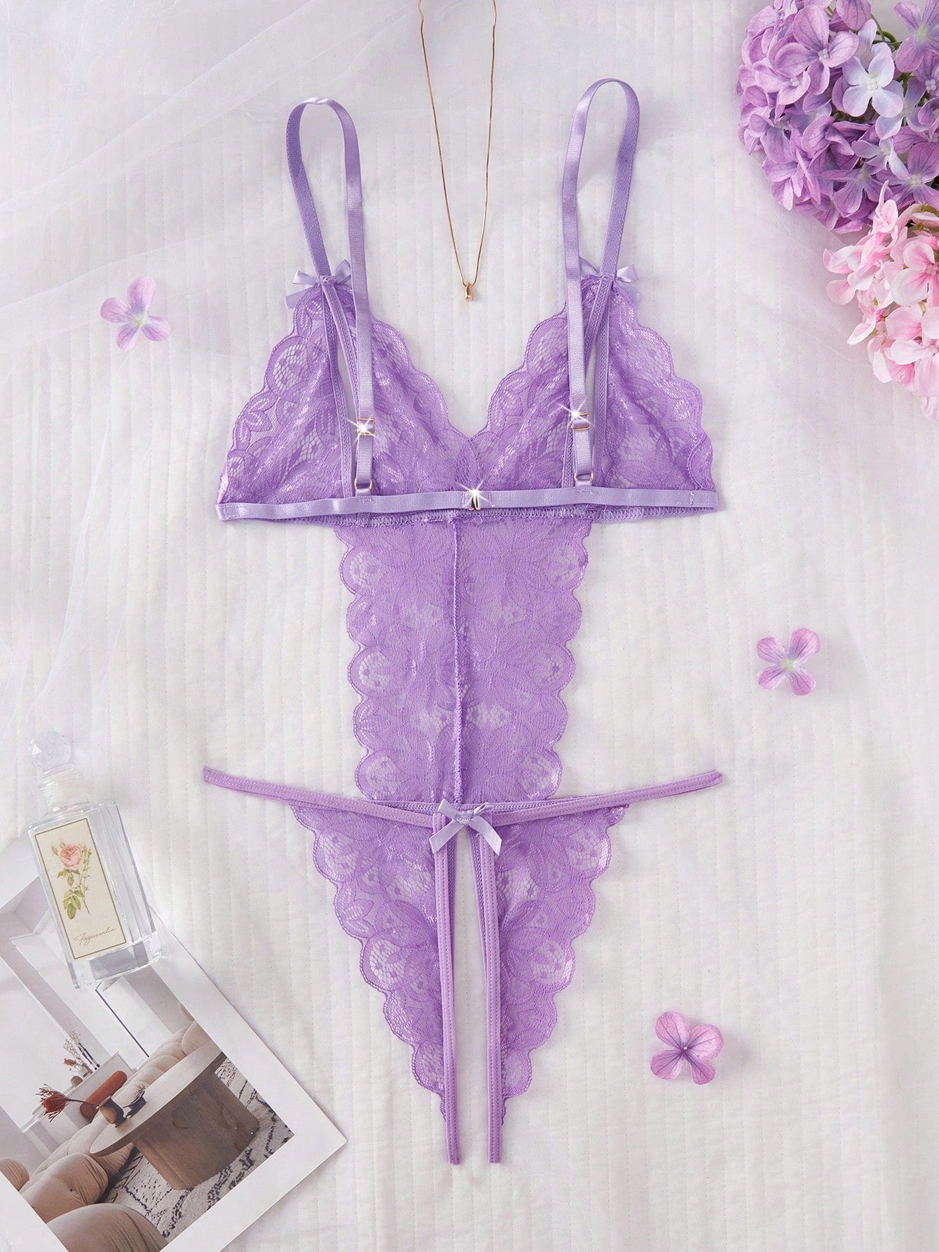 Women Purple Floral Lace One-Piece Bodysuit With Deep V-Neck Design, Sheer Contrast Lace Panels, Hollow Detail With Bow Accent, Open Back Structure, Lightweight Fabric Construction, Flexible Fit, Suitable For General Wear And Outfit Styling Use