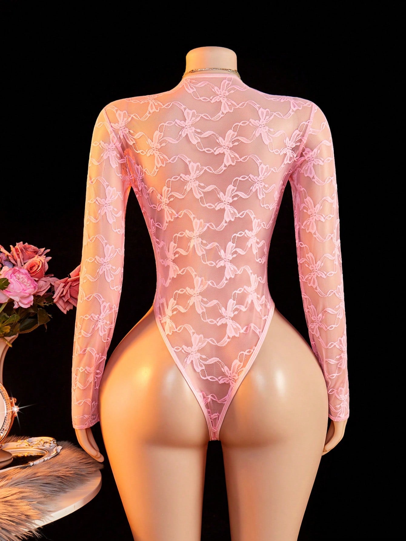 Long Sleeve Floral Print Front-Tie Low Neck Mesh Bodysuit Jumpsuit