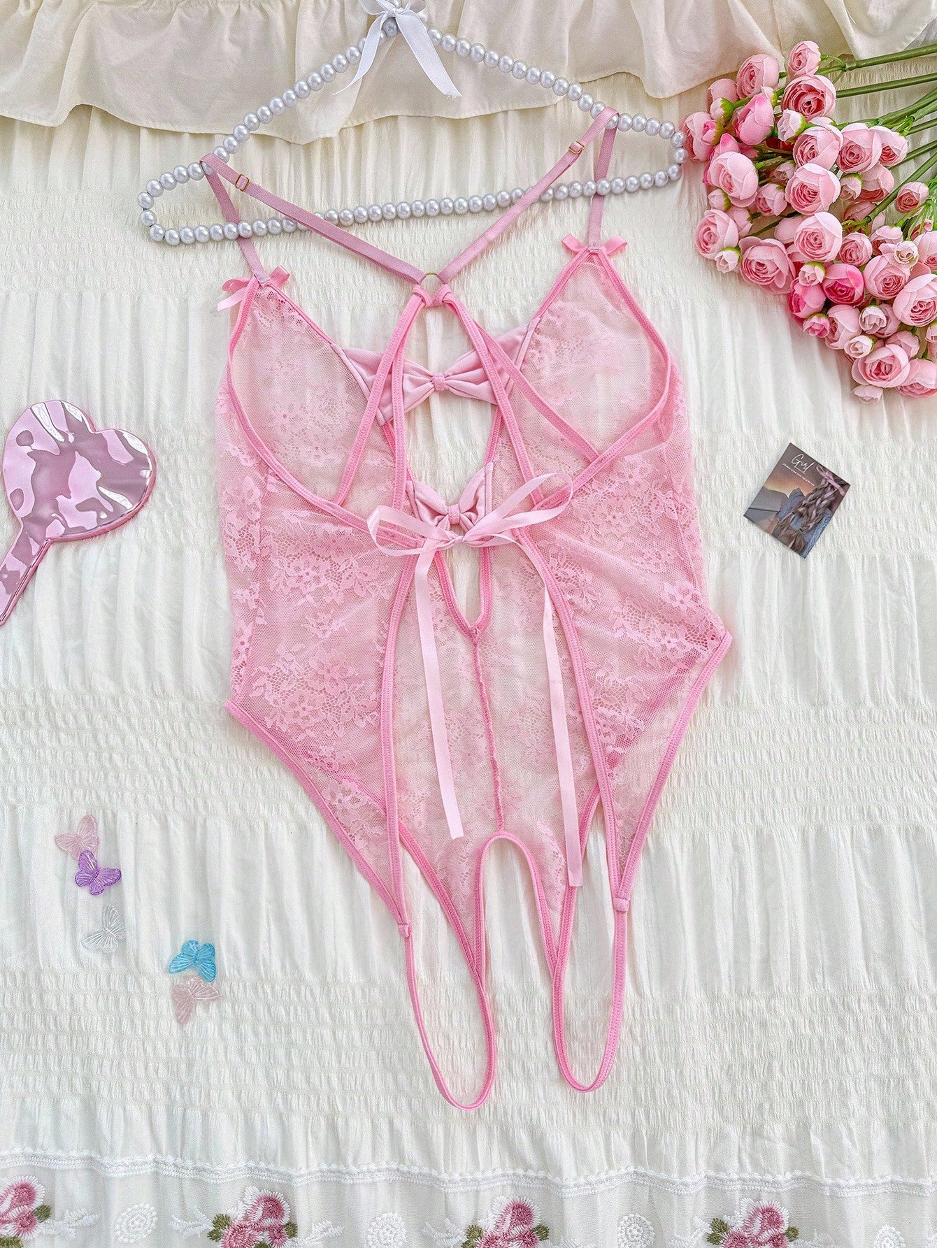 Lace Bow Decor Backless Crotchless Sexy Bodysuit