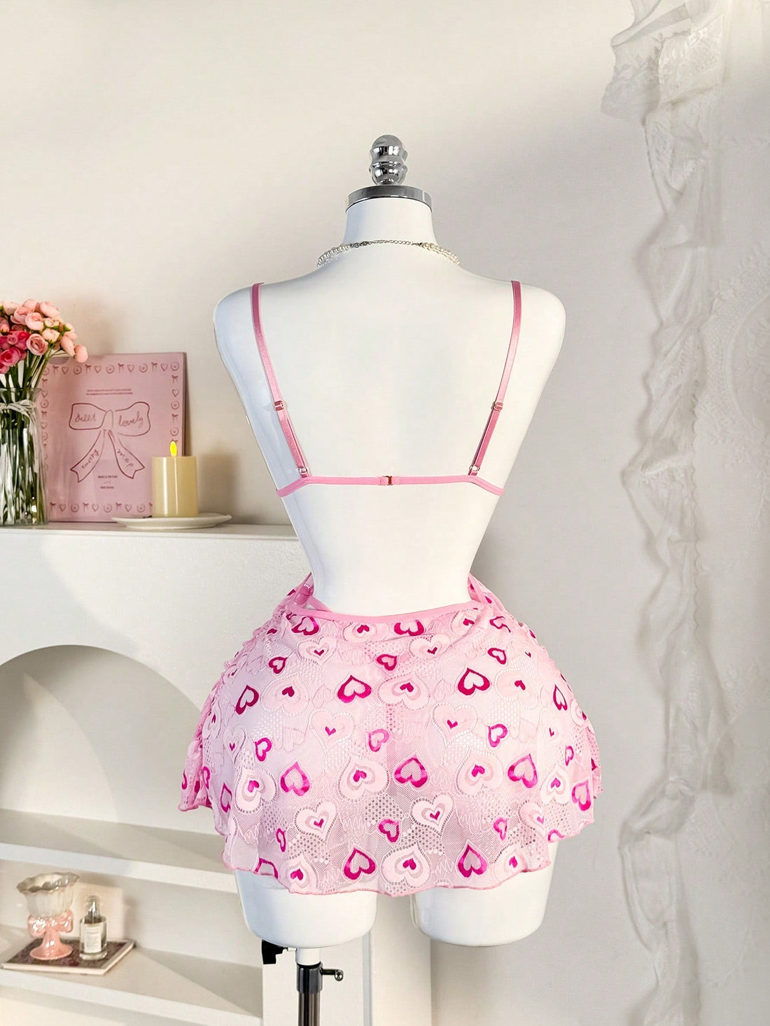 2pcs Women Pink Heart Pattern Camisole Set With Backless Design, Lightweight Fabric Construction, Coordinated Two-Piece Structure, Suitable For General Wear And Styling
