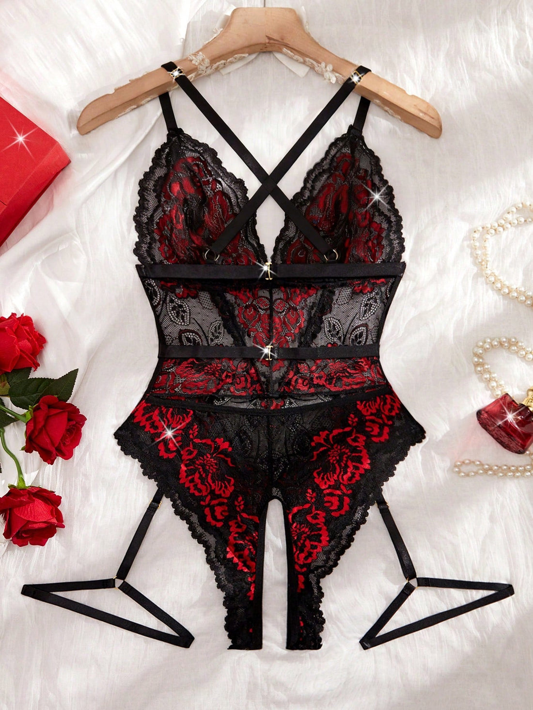 2pcs Women Lace Bodysuit Set Including Wireless Design And Garter Detail, Coordinated Two-Piece Construction, Lightweight Lace Fabric, Flexible Fit, Suitable For General Wear And Styling