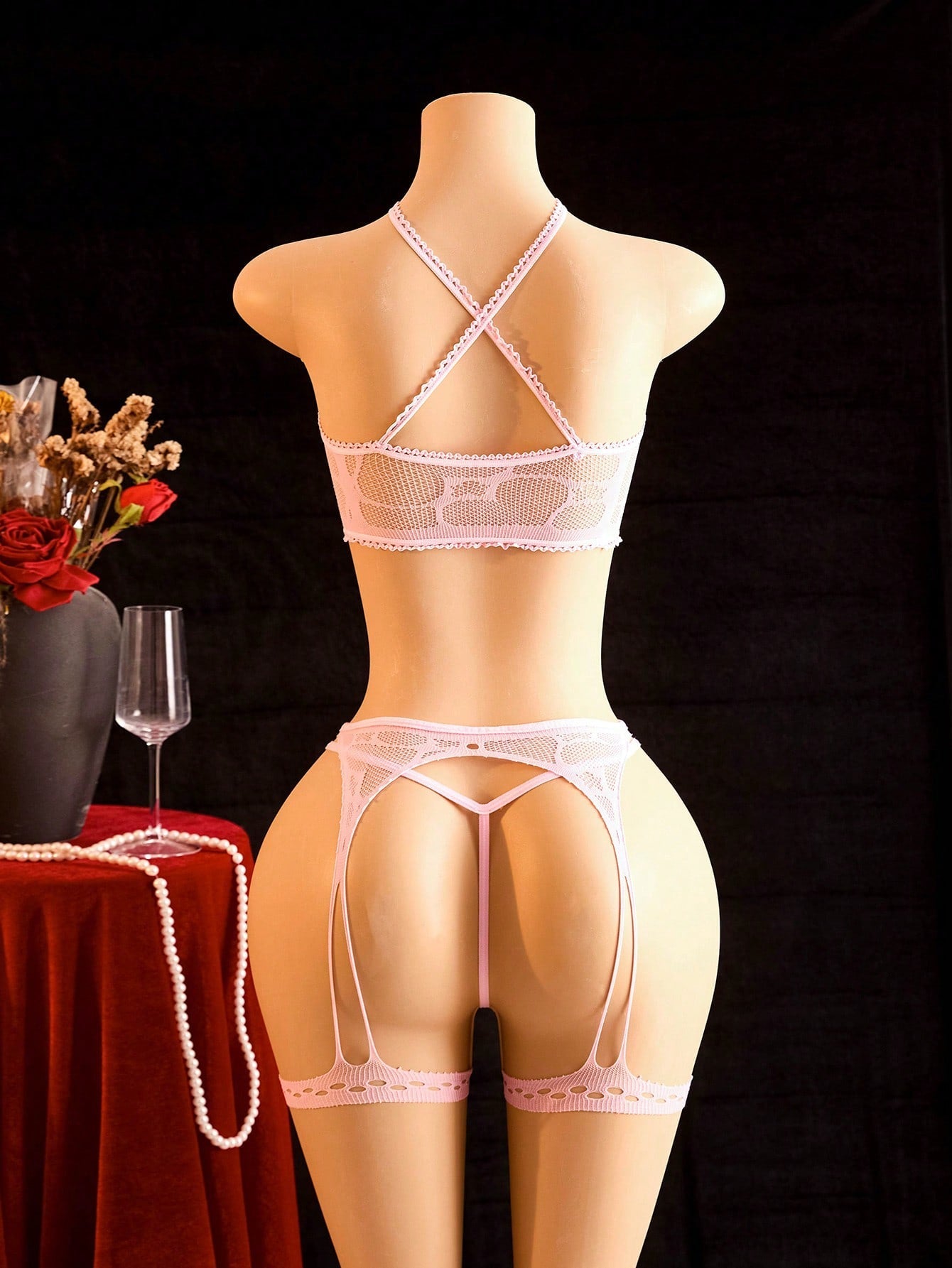 3pcs Women Solid Color Mesh Lingerie Set, Lightweight Fabric Construction, Coordinated Three-Piece Structure, Suitable For General Wear And Styling