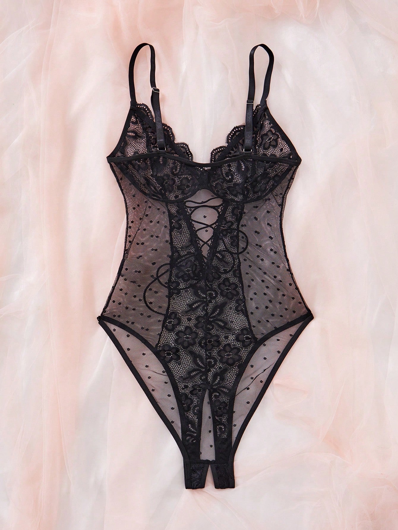 Women Contrast Lace And Mesh Bodysuit With One-Piece Construction, Layered Fabric Design, Lightweight And Flexible Fit, Clean Silhouette, Suitable For General Wear And Outfit Styling