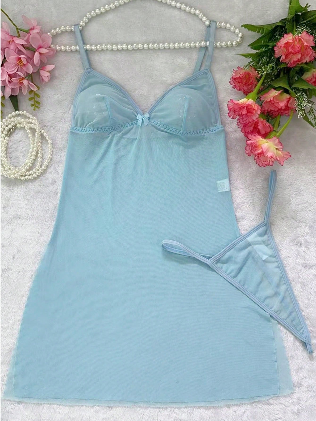 2pcs/Set Women's Wireless Sexy Mesh Lingerie, Including Camisole Dress For Going Out