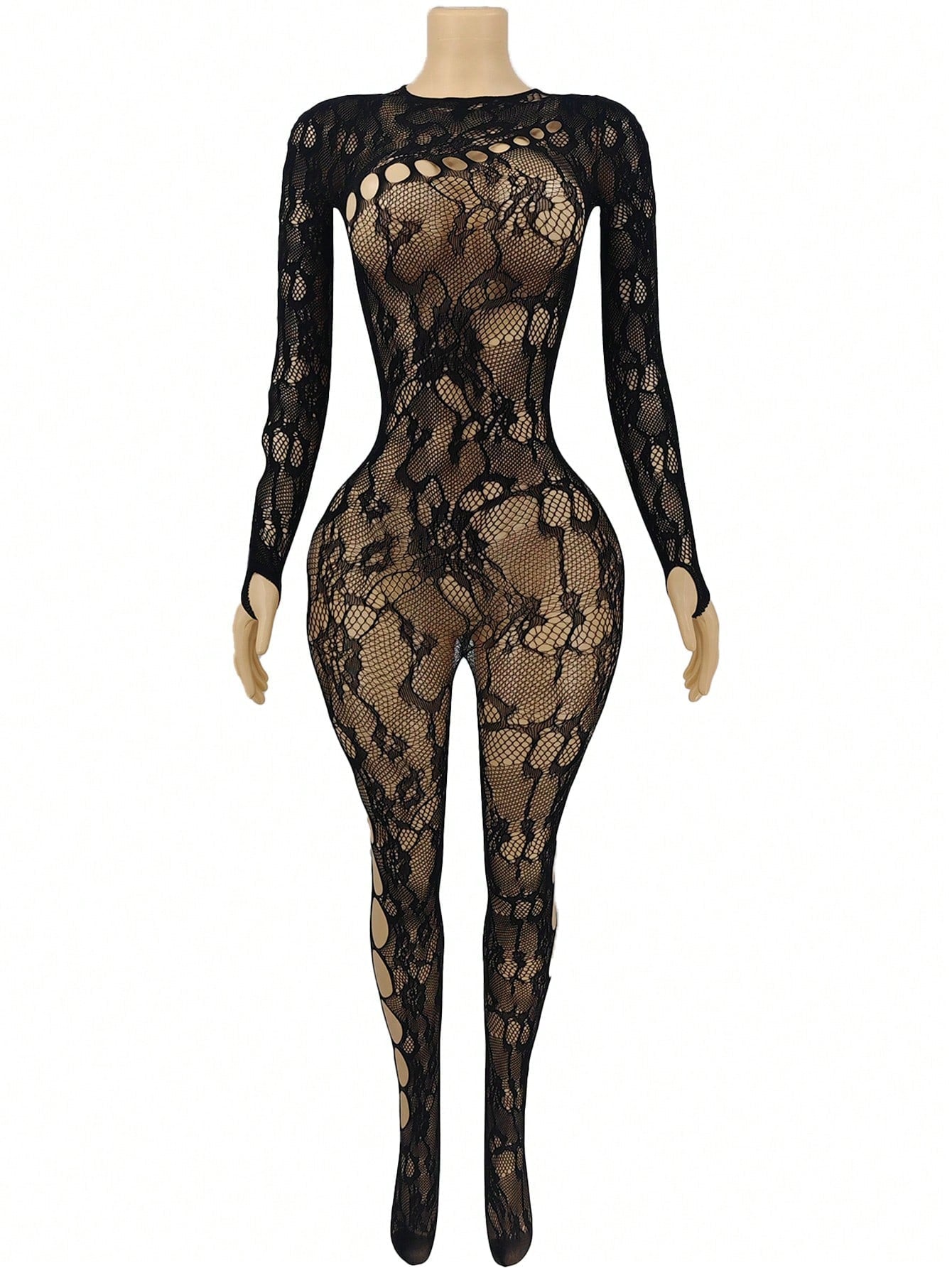 Long Sleeve Backless Sheer Mesh Bodysuit Lingerie