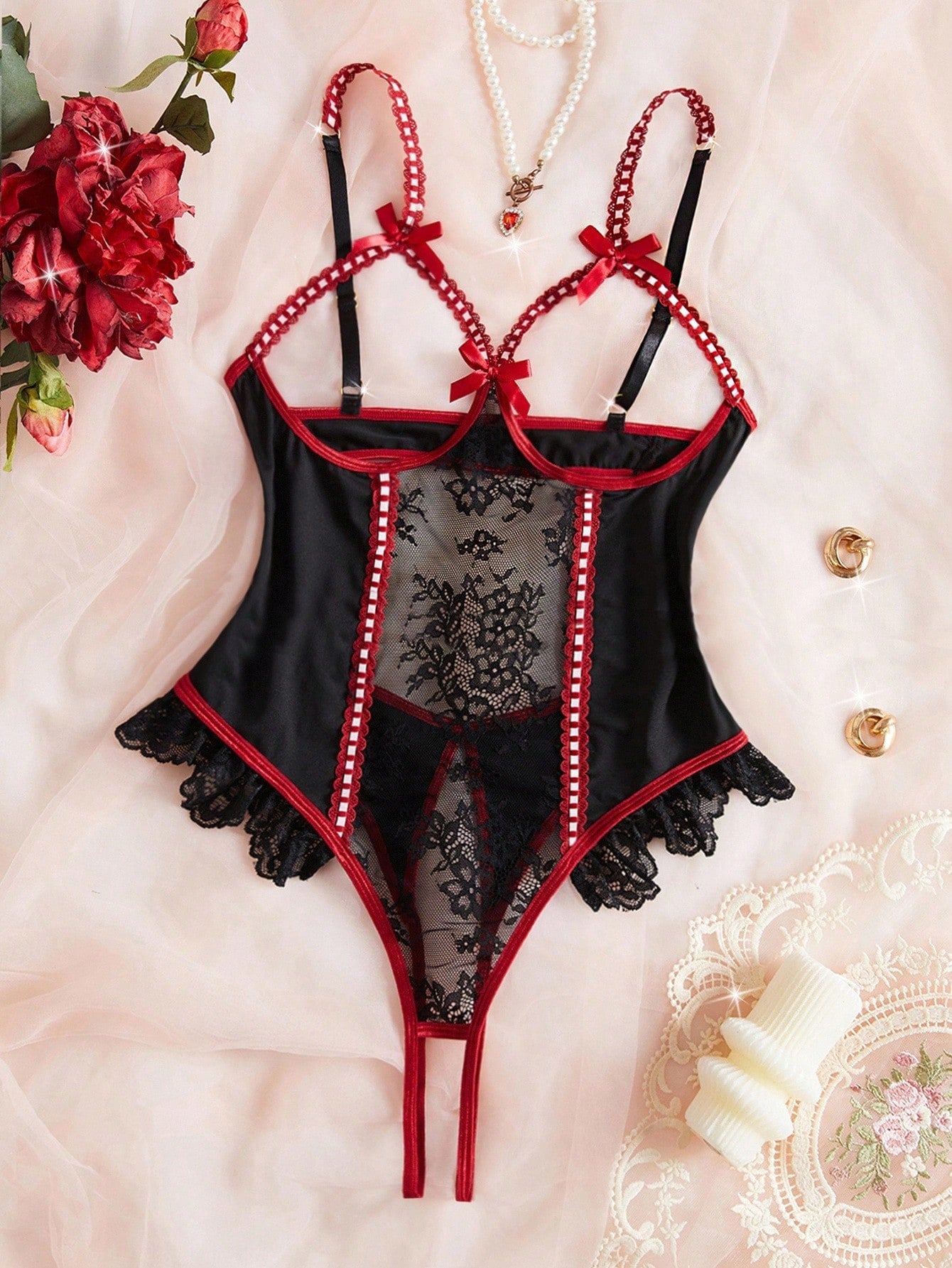 1pc Floral Lace Patchwork Open Crotch Backless Bodysuit, Adjustable Strap Bow Hollow Design Sexy Bodysuit For Women, Going Out