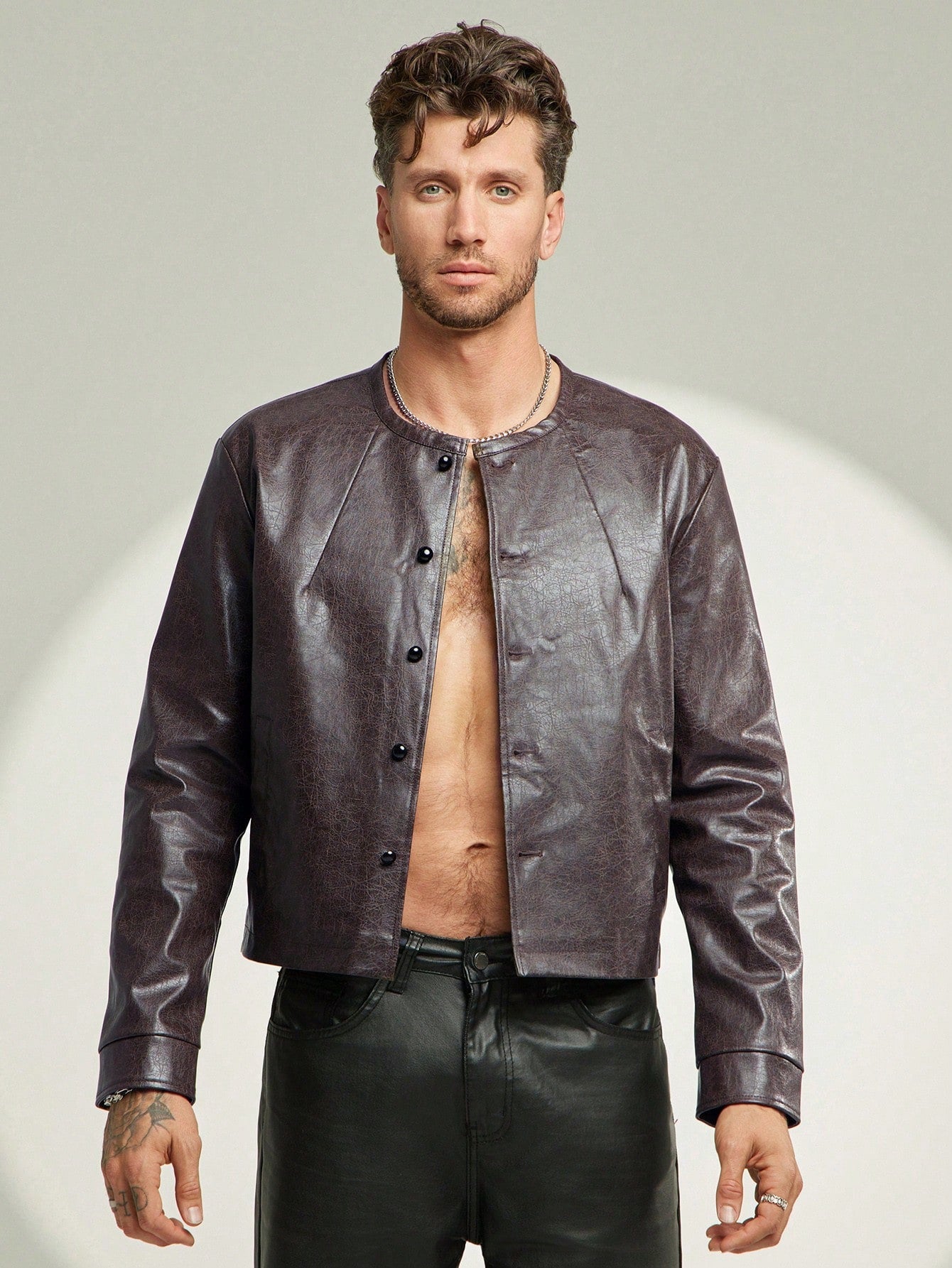Men's Versatile PU Leather Slant Pocket Button Front Jacket