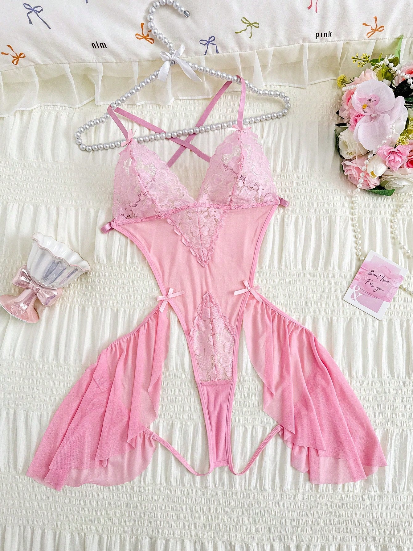 Women Lace Patchwork Romper With Mesh Panel Construction, Open Back Design And Bow Accent Detail, Lightweight Stretch Fabric, One-Piece Structure, Suitable For General Wear And Styling Use