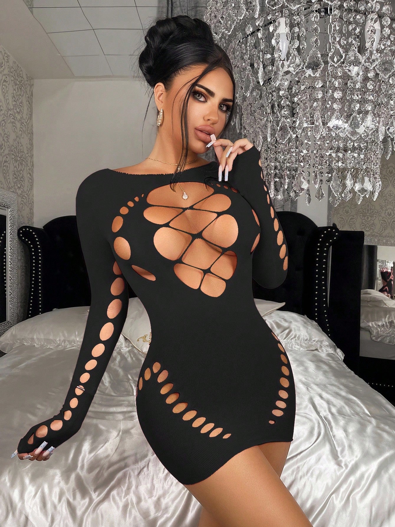1pc Women's Sexy Fuchsia Bodycon Semi-Sheer Fishnet Dress, Suitable For Party, Nightclub, Beach